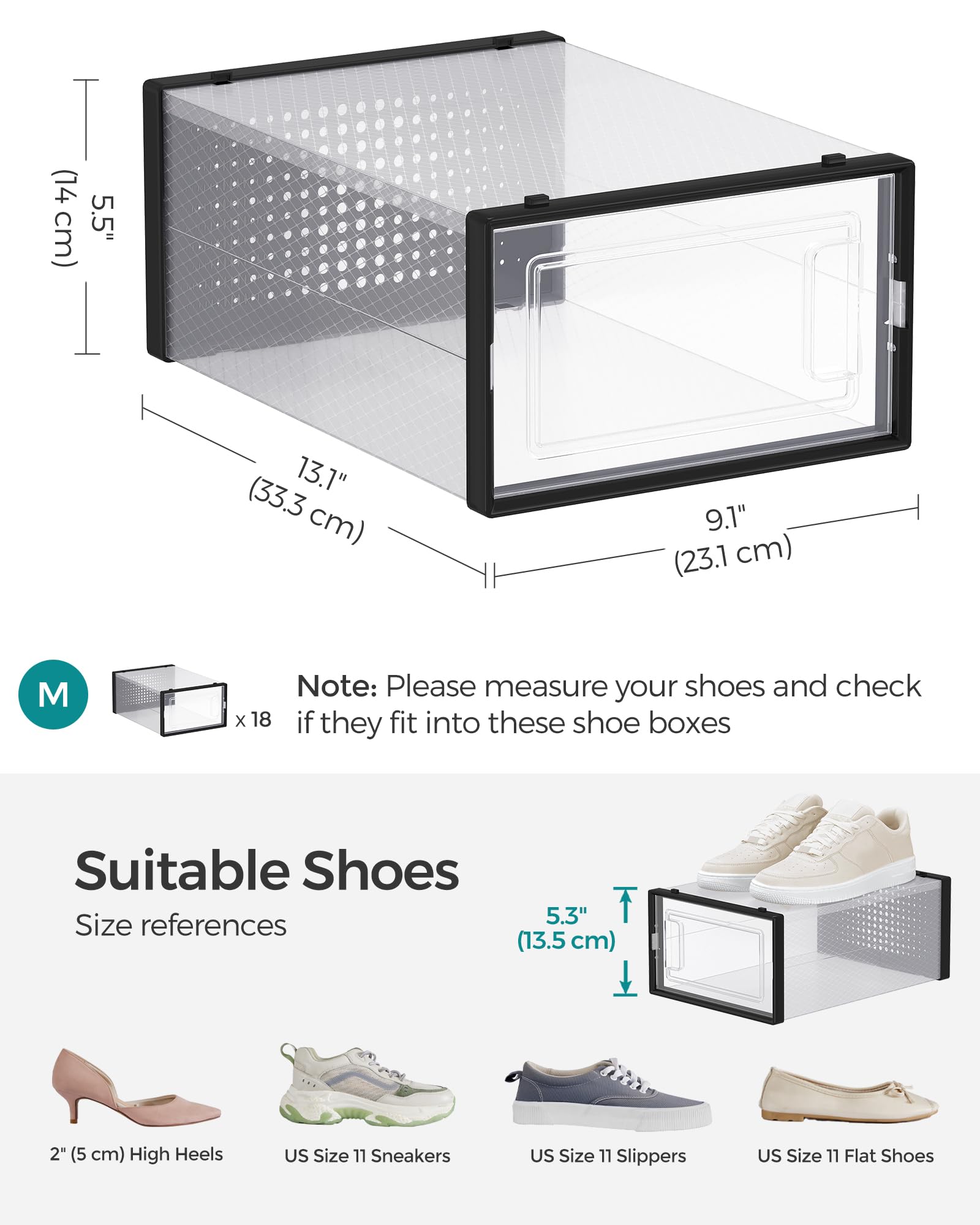 SONGMICS 18-Pack Shoe Storage Boxes, Clear & Black Stackable Shoe Organizers for Sneakers - Fits Up to US Men's Size 11, Foldable Shoe Box for Closet Organization | Perfect for Bedroom, Entryway & Dorm Storage Solutions
