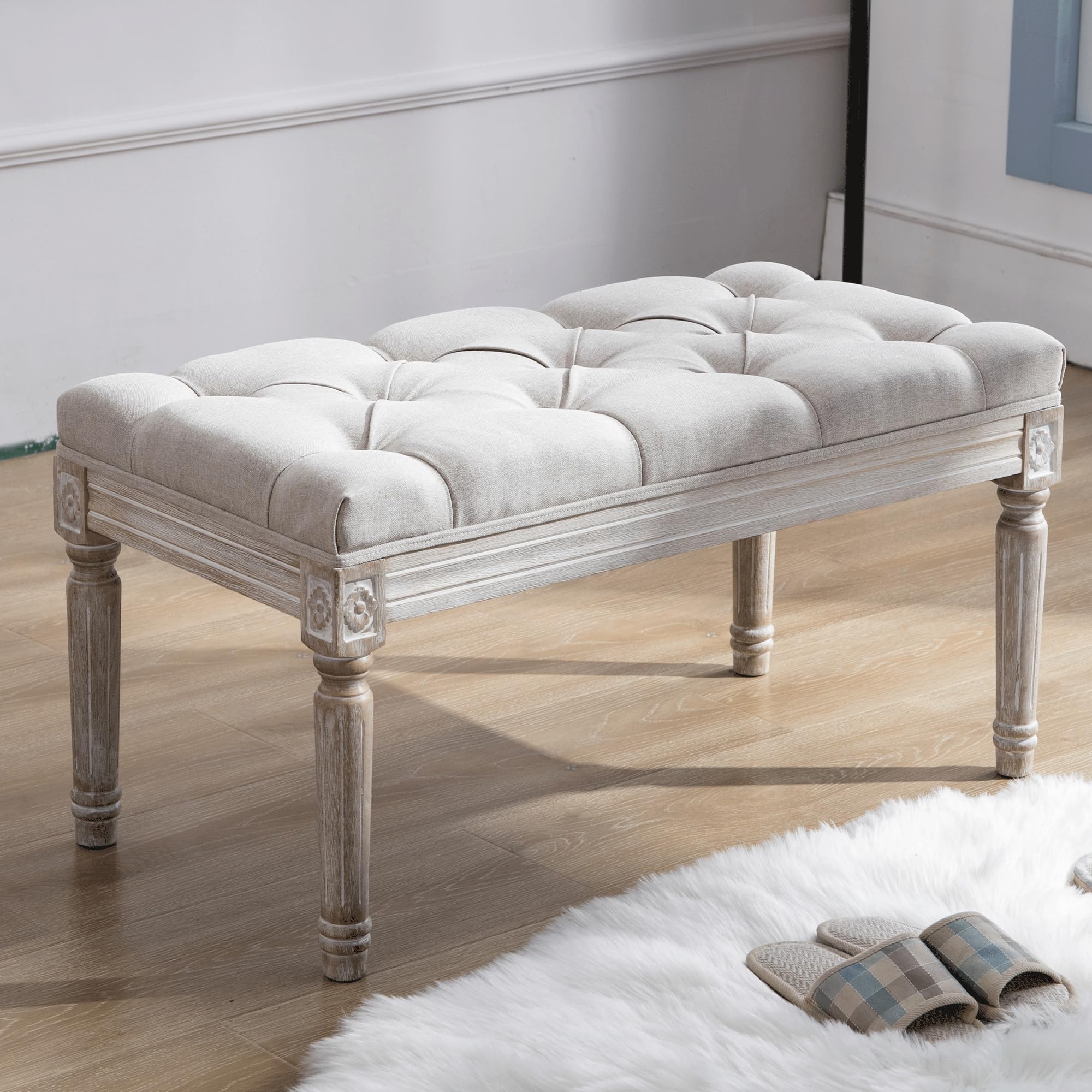 Tufted Upholstered Fabric Entryway Bench with Rubber Wood Legs & Carved Design - 2-Seater Piano Bench for Bedroom, Living Room, Dining Room - Perfect for Hallway Seating, Home Decor & Guest Accommodation (Beige)