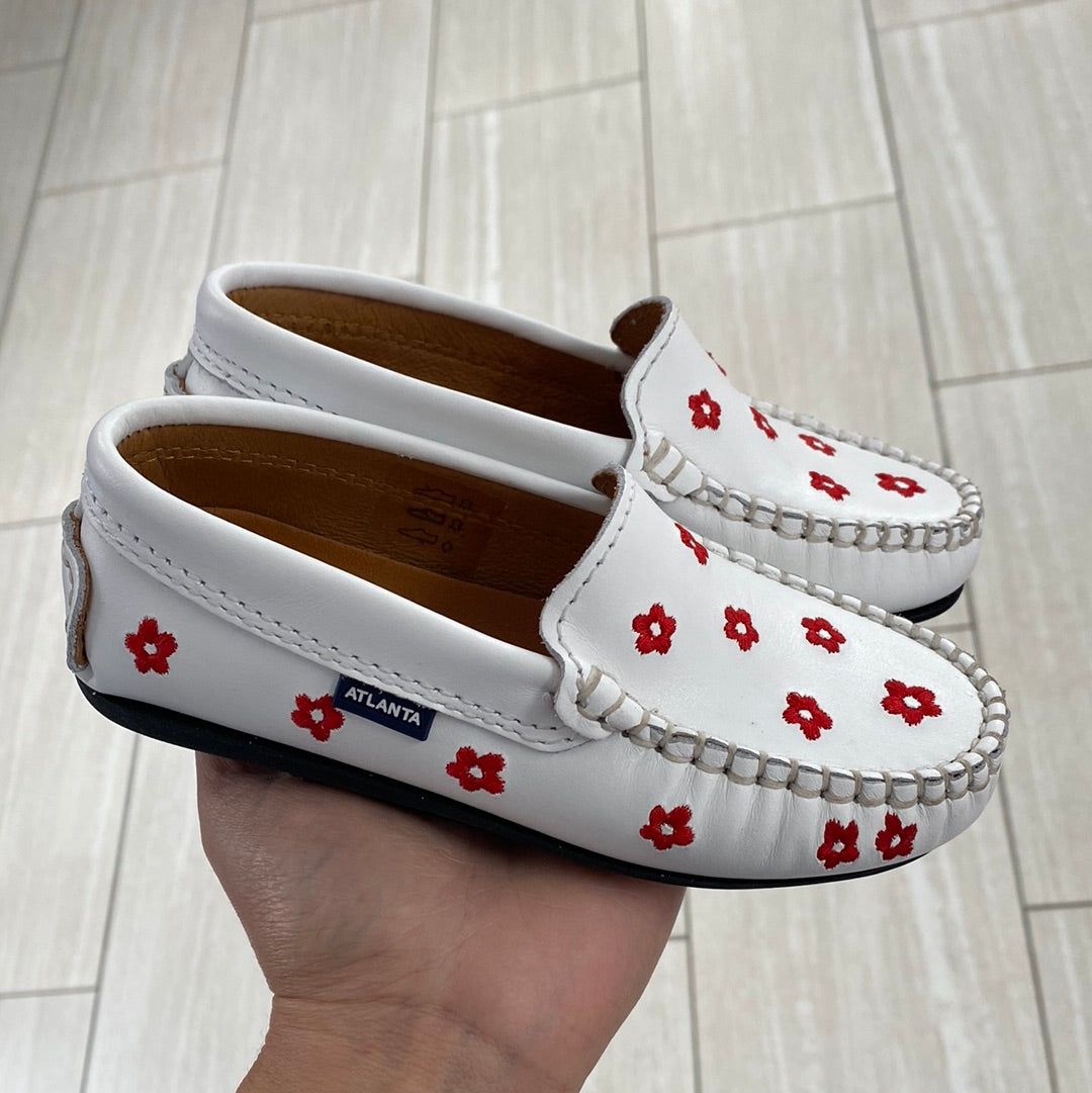 Atlanta Moccasin Loafers for Women - White & Red Floral Design Comfortable Slip-On Shoes - Perfect for Casual Outfits, Office Wear & Spring Summer Fashion