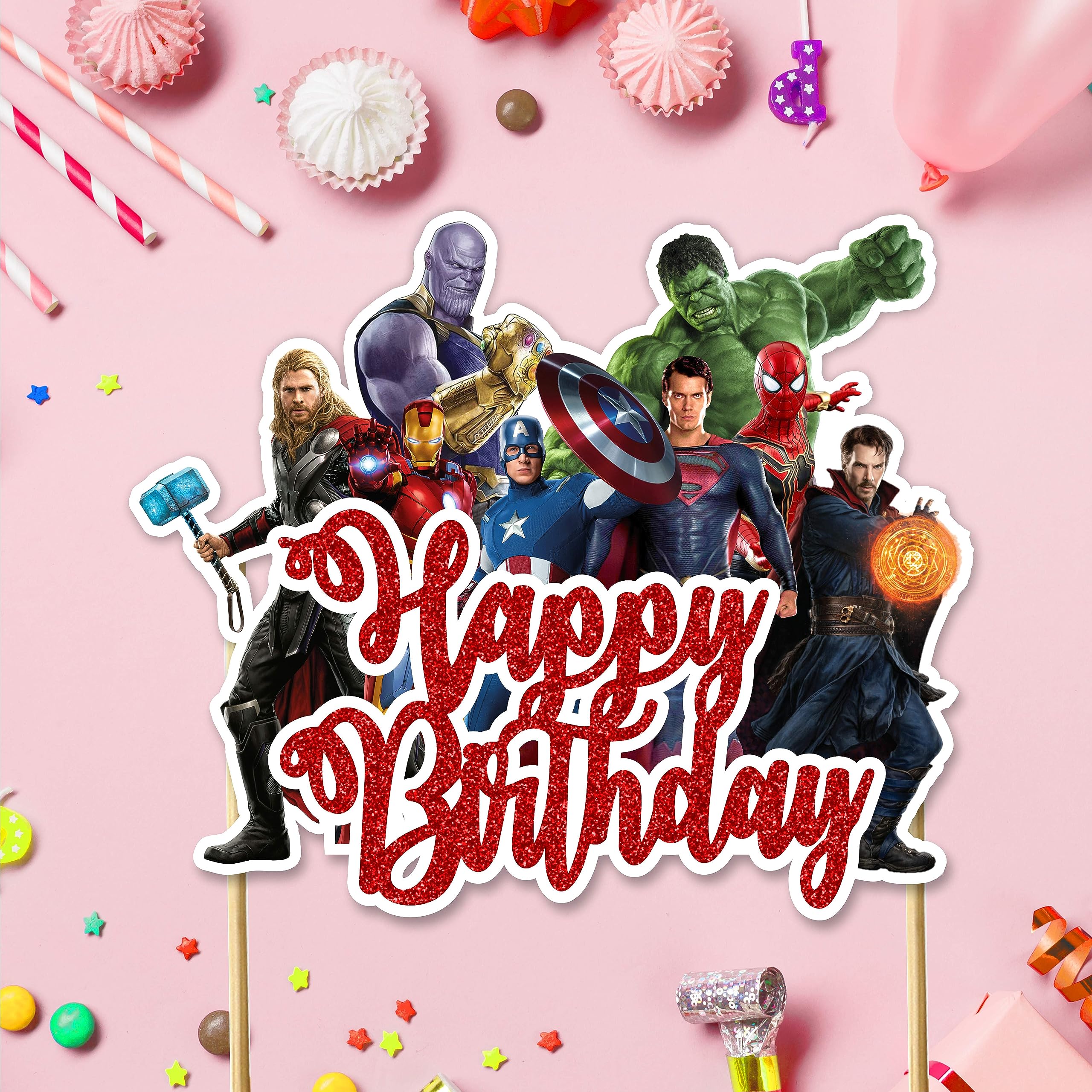 Superhero Happy Birthday Cake Topper - Premium Birthday Party Decorations for Superhero Theme Cakes, Cupcakes & Desserts - Perfect for Kids' Birthday Parties, Superhero Celebrations & Special Events