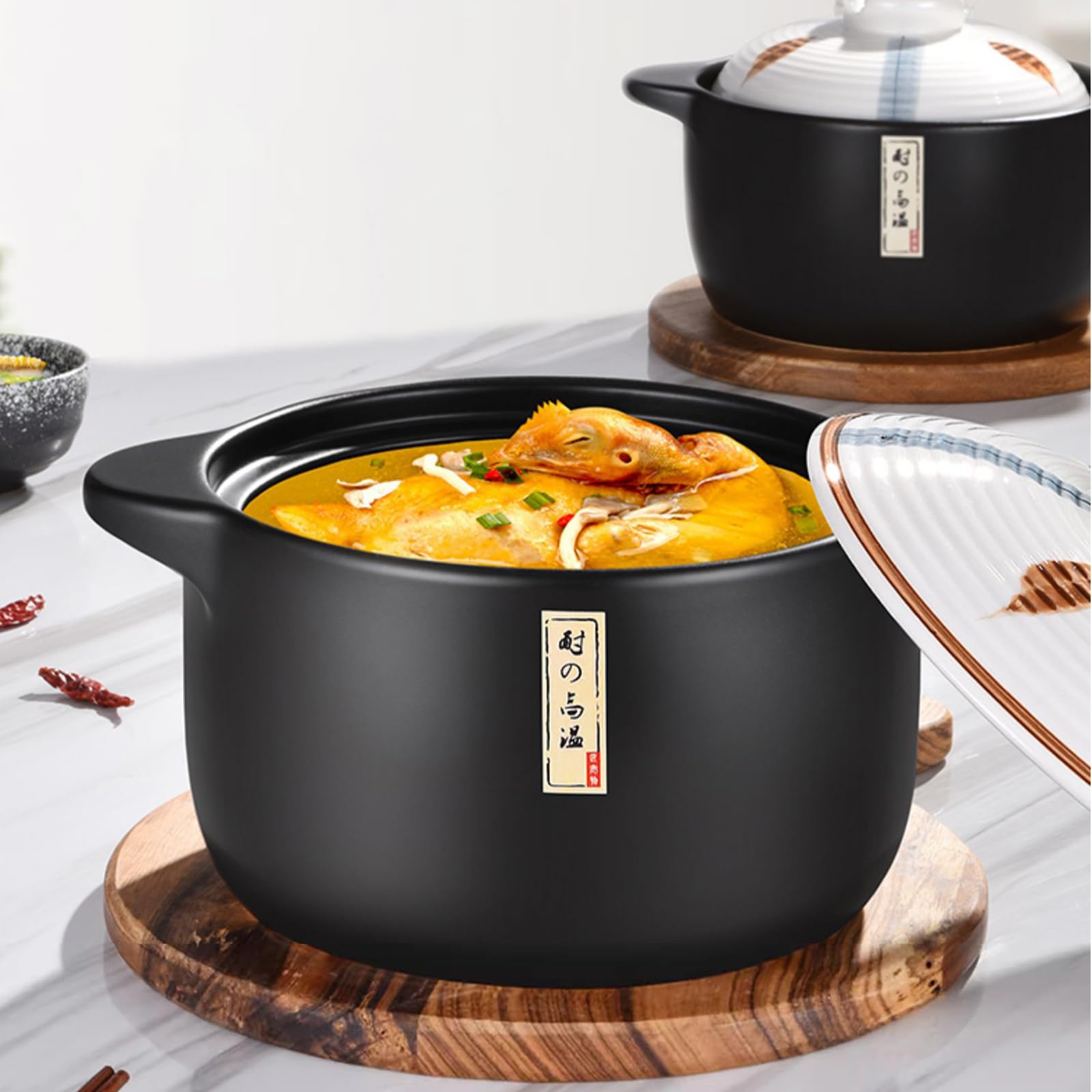3.2 Quart White Ceramic Cooking Pot with Lid - Heat-Resistant Stovetop Soup Pot, Clay/Earthen Cookware - Easy to Clean Japanese Style Pot for Soups, Stews & Slow Cooking (Large White)
