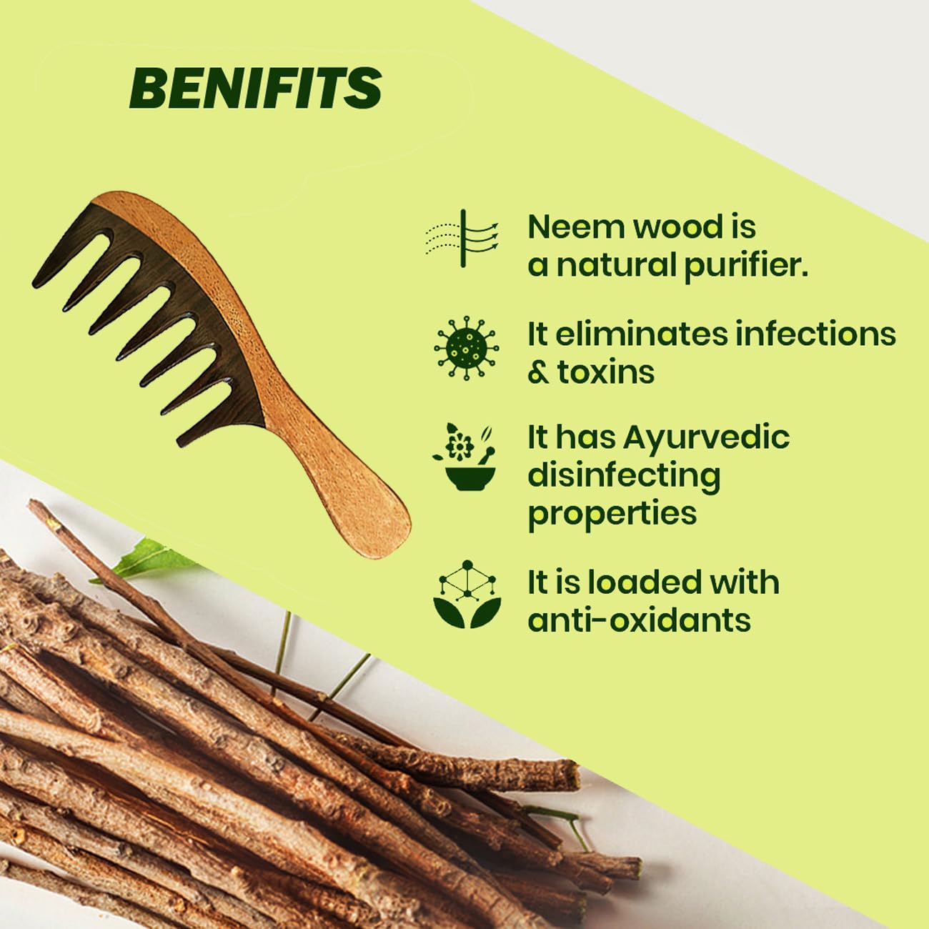 Rufiys Wide Tooth Neem Wooden Comb for Curly Hair - Anti-Dandruff, Hair Growth & Detangling Comb for Women - Perfect for Daily Hair Care, Scalp Massage & Reducing Hair Fall