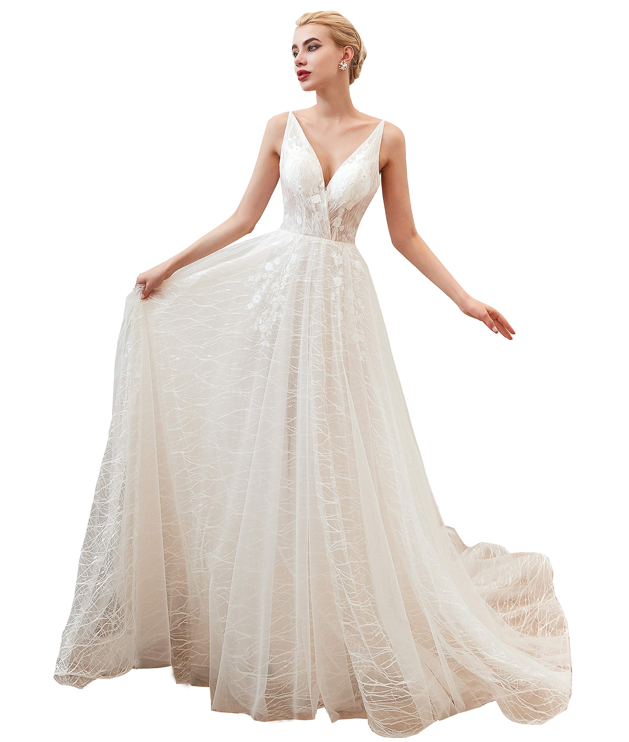 Elegant Women's V-Neck Lace Applique Backless Tulle Beach Wedding Dress - Perfect for Beach Weddings, Destination Elopements & Romantic Photoshoots