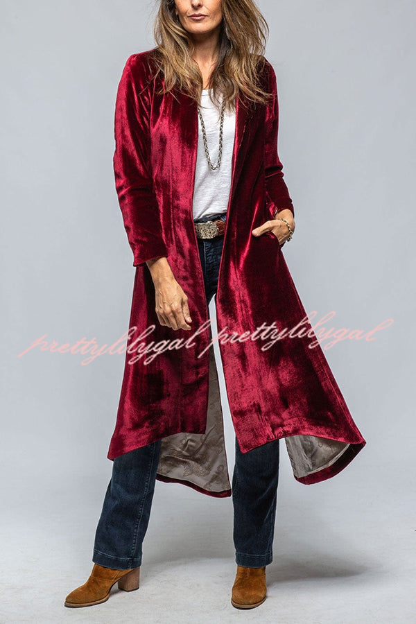 Vintage Velvet Long Loose Pocket Slit Coat - Women's Elegant Trench Coat with Pockets for Fall Winter Fashion, Perfect for Office, Date Night and Special Occasions