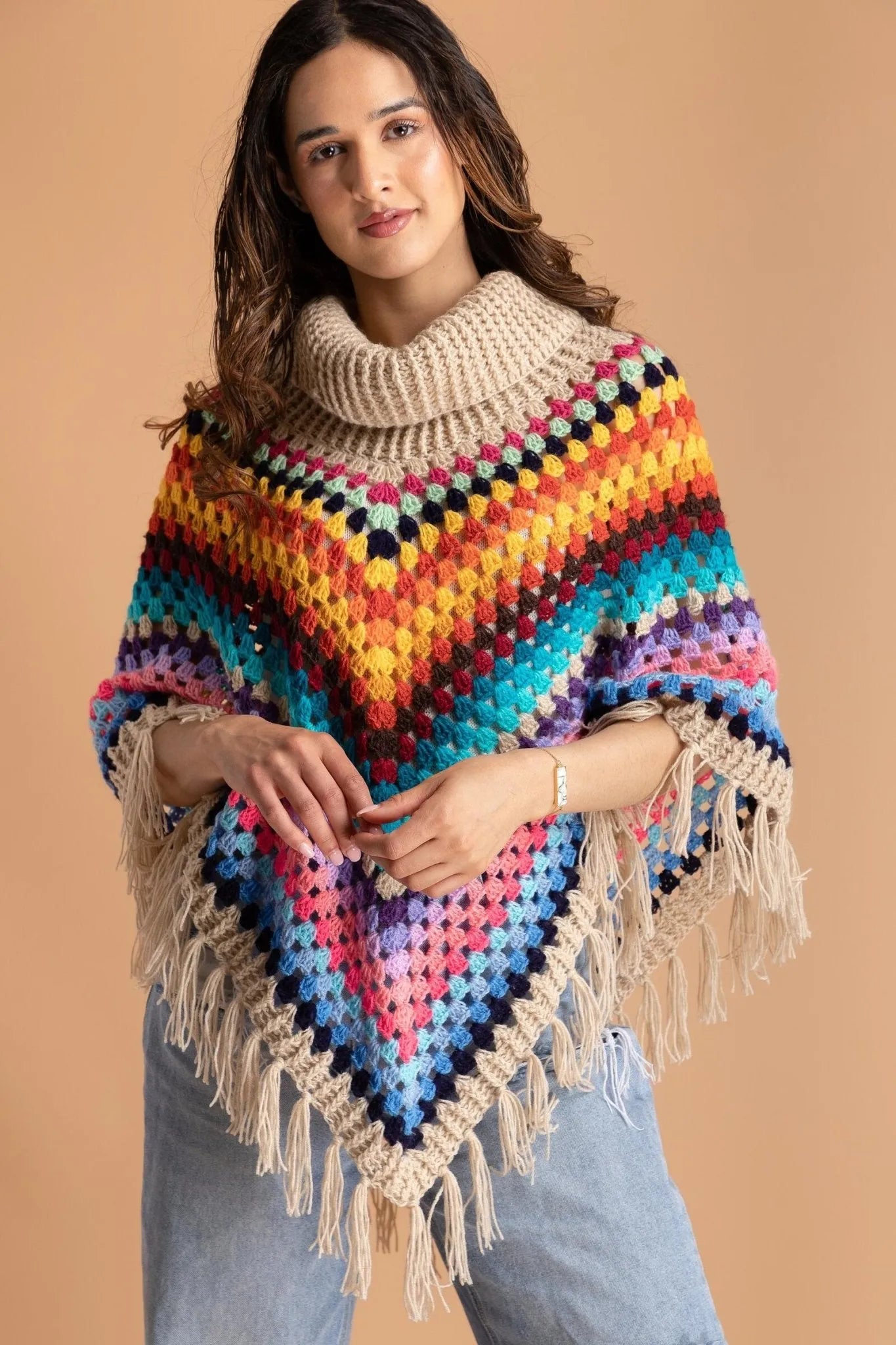 Rainbow Crochet Turtleneck Sweater Poncho - Cozy Handmade Knitwear for Women | Perfect for Fall Fashion, Boho Outfits & Casual Wear