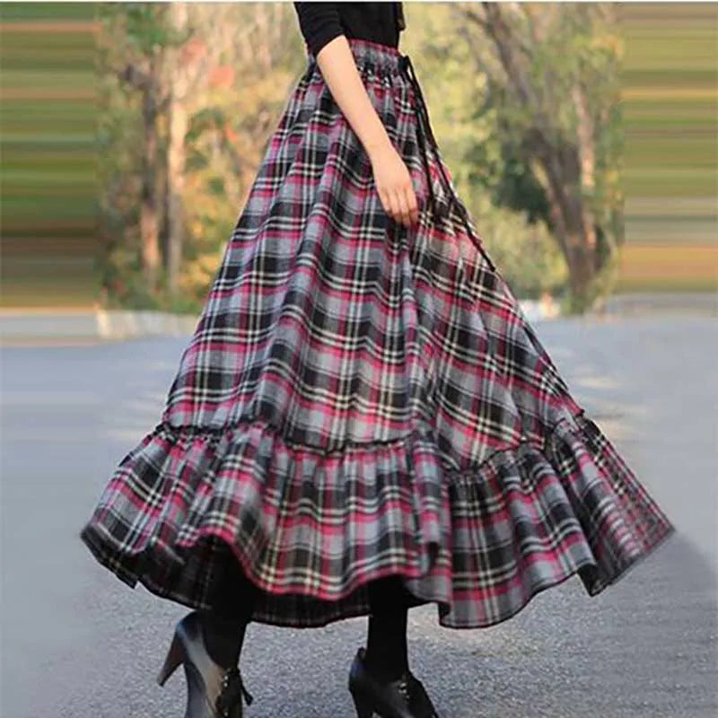 Women's Fashion Loose Shirring Bandage Spliced Ruffles Plaid Skirt - Spring Oversized Long Skirt for Casual Outfits & Office Wear | Perfect for Date Nights, Parties and Everyday Style