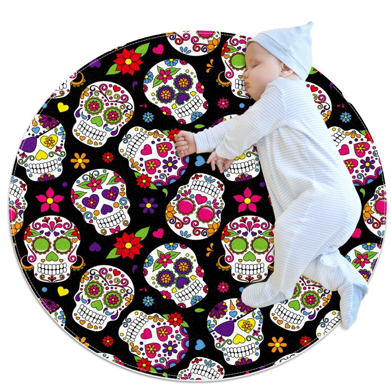 Non-Slip Sugar Skull Round Rug - Colorful Polyester Floor Mat for Kids Room, Bathroom, Living Room & Bedroom | Perfect for Diaper Changing, Play Areas & Home Decor