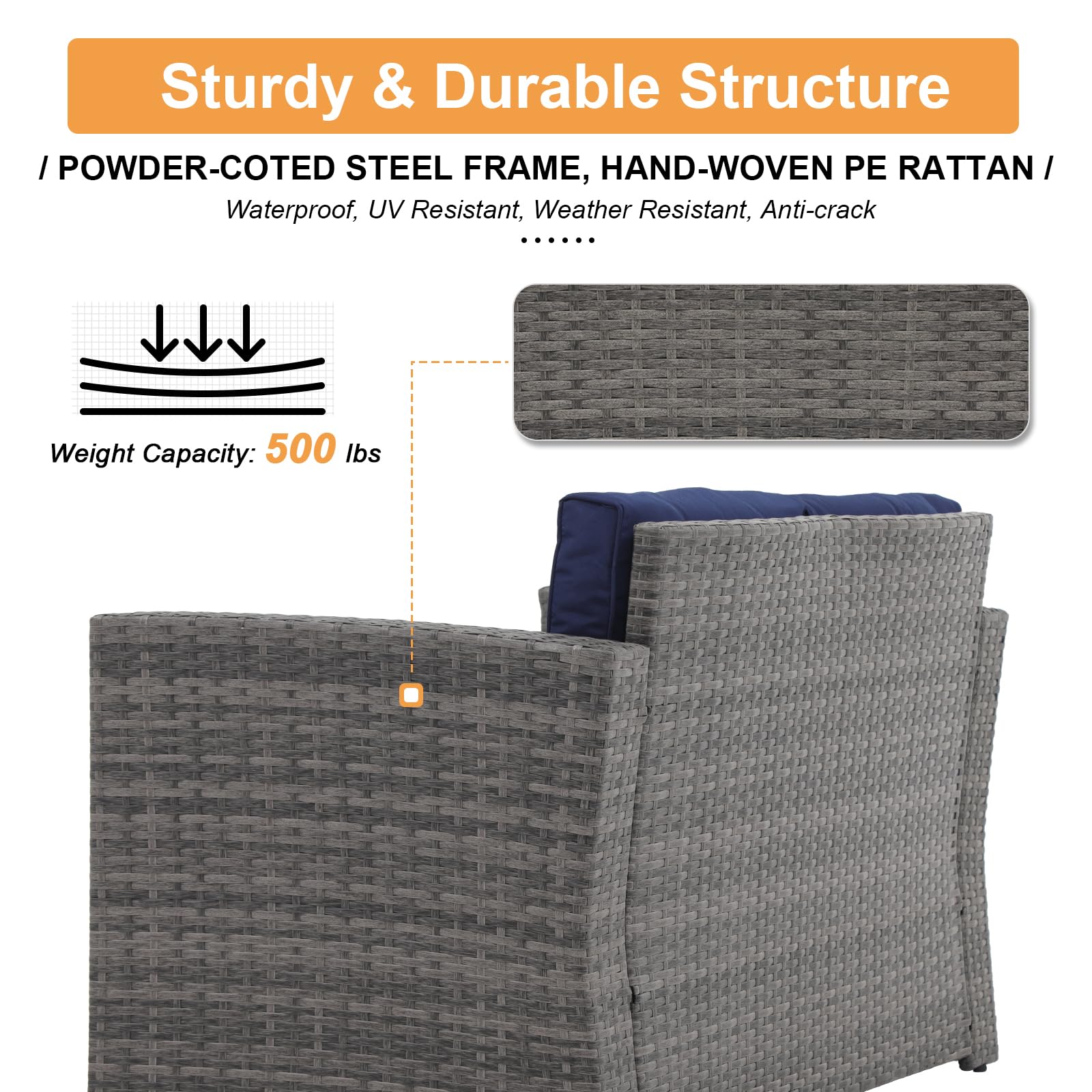 Premium Outdoor Wicker Loveseat Sofa Set - 2-Seater Rattan Patio Furniture with Weather-Resistant Cushions - Navy Blue - Perfect for Balcony, Porch, Deck, Garden & Backyard Relaxation
