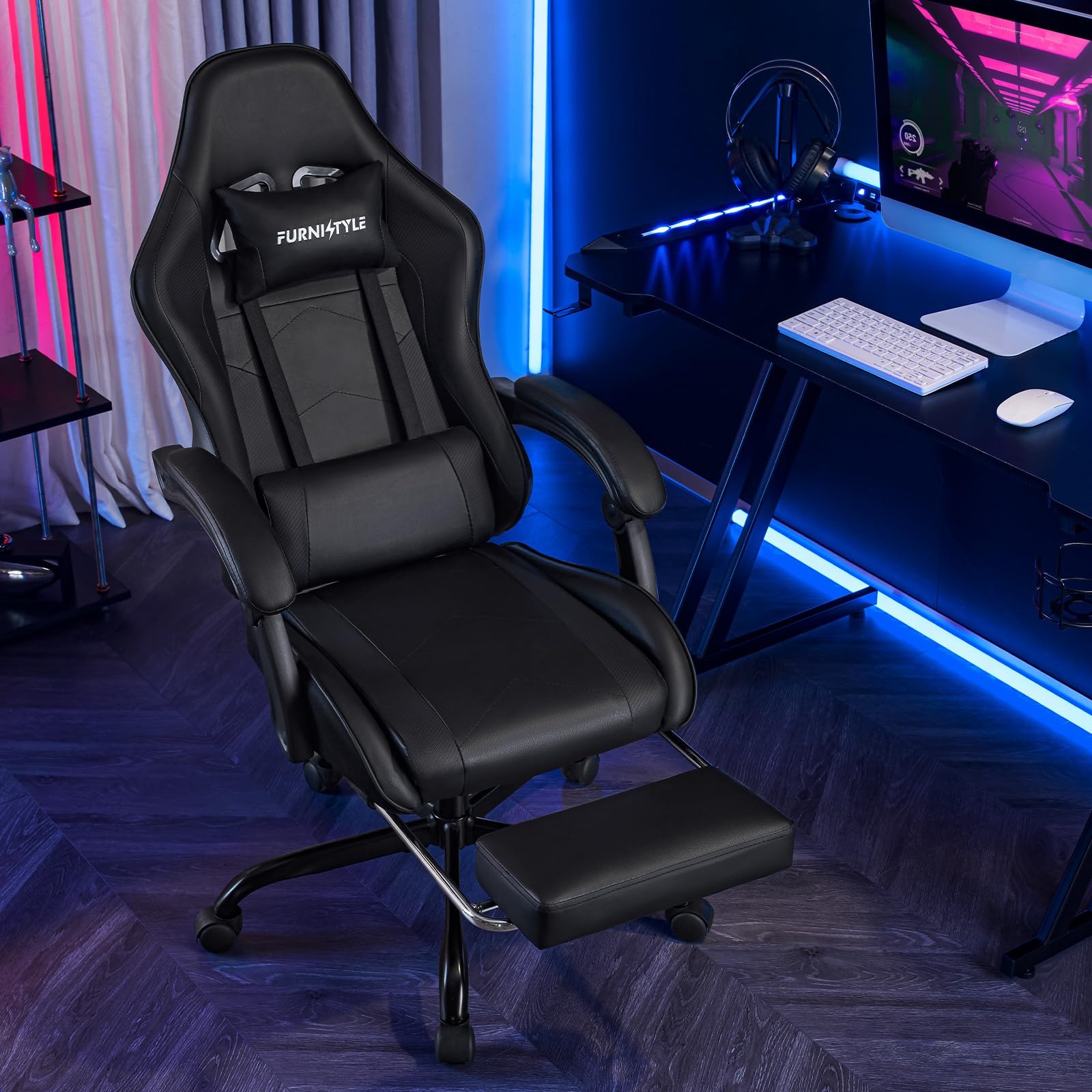 Ergonomic Gaming Chair with Footrest & Lumbar Support - Adjustable Reclining Swivel Office Chair for PC Gamers & Teens - High Back PU Leather Computer Desk Chair - Perfect for Esports, Streaming & Home Office Work