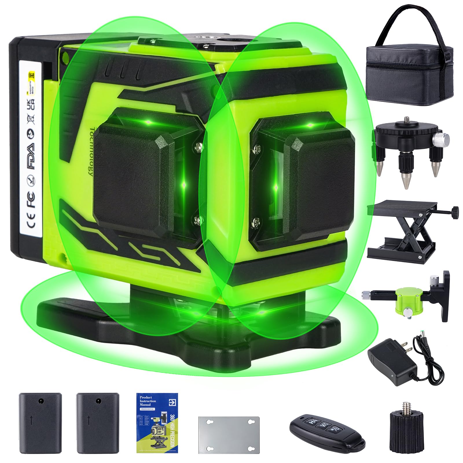 Self-Leveling Laser Level Tool - 3x360° Cross Line Green Laser for Construction, Picture Hanging & DIY Projects | High Accuracy Measurements | Includes 2 Rechargeable Batteries & Carry Case | Perfect for Home Renovation, Tile Installation & Wall Decorating