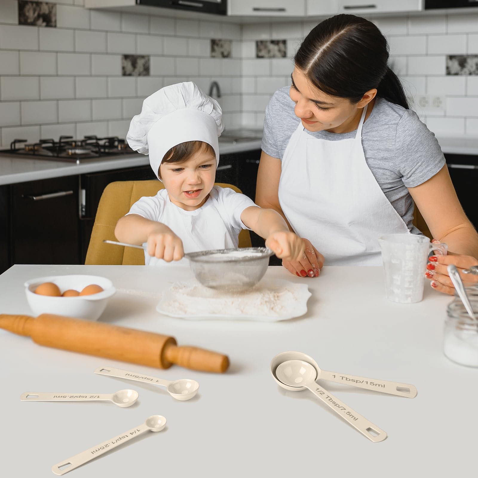 Premium Stainless Steel Measuring Spoons Set - 5-Piece Metal Measuring Cups & Spoons for Liquid, Dry Food, Baking & Cooking - Durable Kitchen Tools for Home Chefs & Bakers (White)