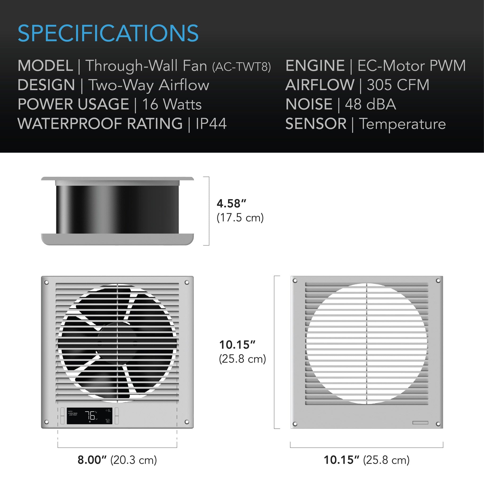 8 Inch / 200mm Room to Room Fan with Two-Way Airflow & Temperature Control - Perfect for Home, Office, and Bedroom Cooling & Ventilation