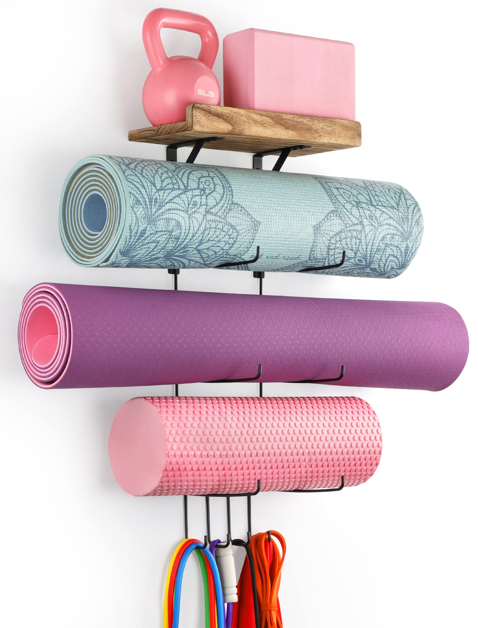 VINAEMO Yoga Mat Holder Wall Mount Organizer - 4 Hooks & Wooden Shelves for Foam Roller, Towel, Resistance Bands Storage - Home Gym, Yoga Studio, Office & School Decor Accessory