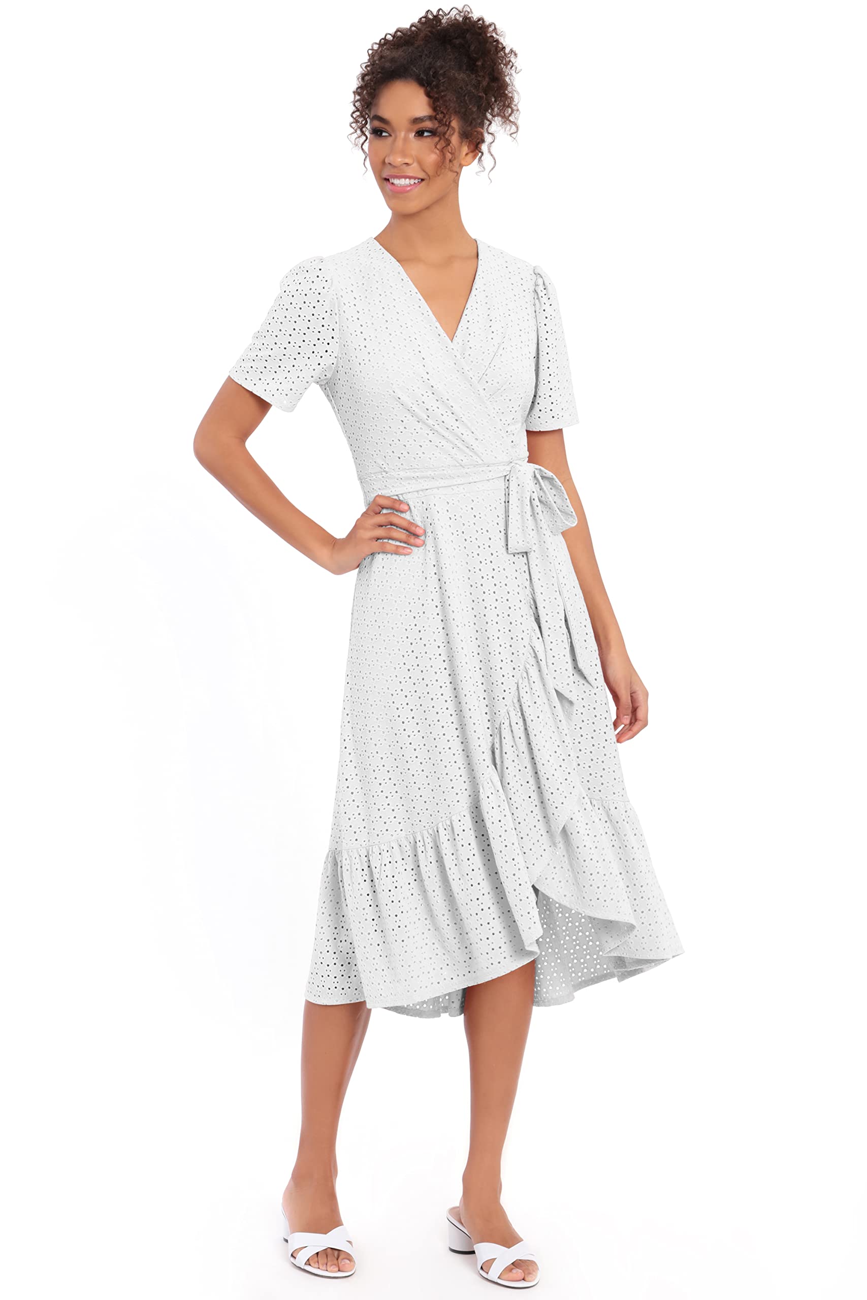 London Times Women's Short Sleeve Ruffle Wrap Dress - Flowy Summer Dress for Casual Outings & Beach Vacations