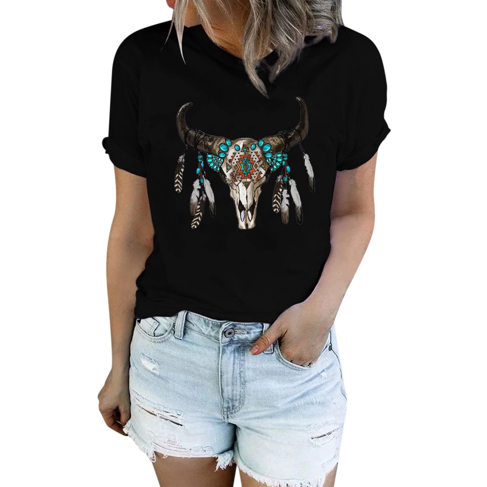 Qvkarw Women's Casual Short Sleeve Aztec Western Denim Shirt - Loose Fit Printed Top (Black, Size L) | Perfect for Summer Outfits, Boho Style & Casual Wear