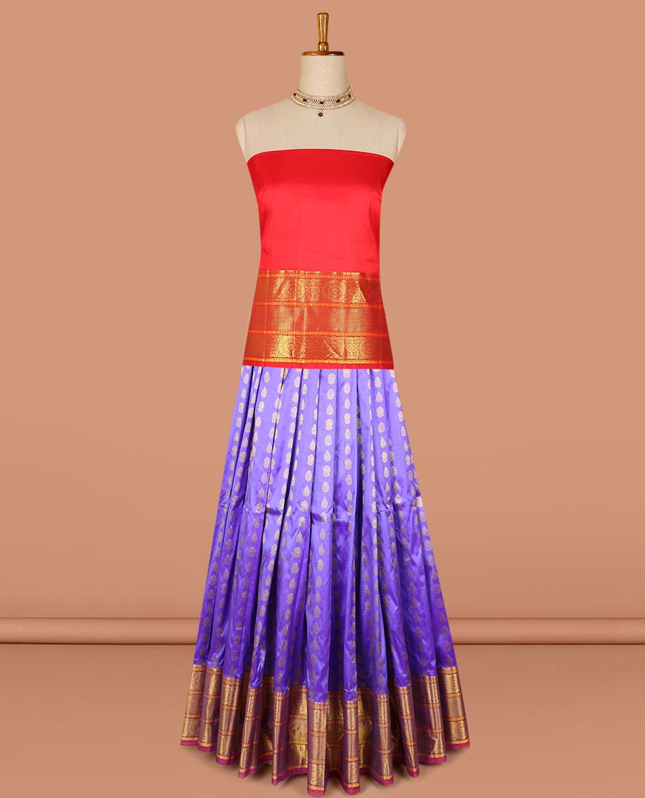 Blue Floral Pure Silk Half Saree with Contrast Zari Border - Matching Zari Blouse & Plain Dhavani | Indian Traditional Outfit for Weddings & Festivals