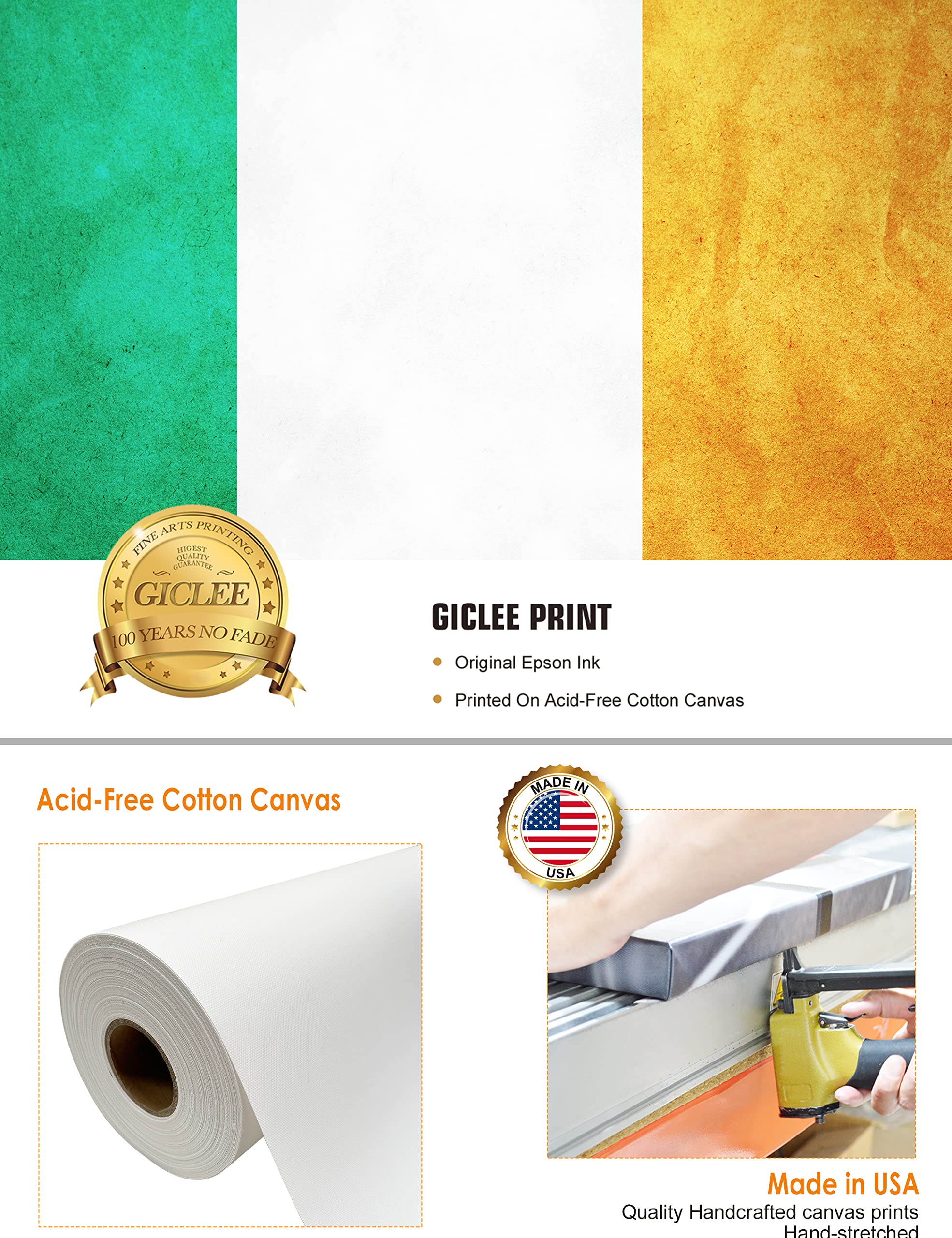DECORARTS - Irish Flag Giclee Canvas Print 36x24 Inch - Premium Wall Art for Home, Office & Pub Decor - Perfect for St. Patrick's Day & Irish-Themed Rooms