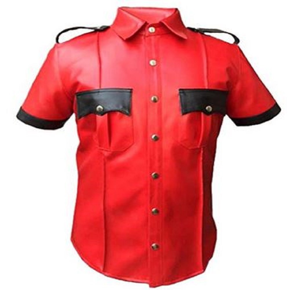 Olly & Ally Genuine Sheep & Cow Leather Police Uniform Shirt for Men | Authentic BLUF Style | Perfect for Cosplay, Pride Events & Fetish Wear