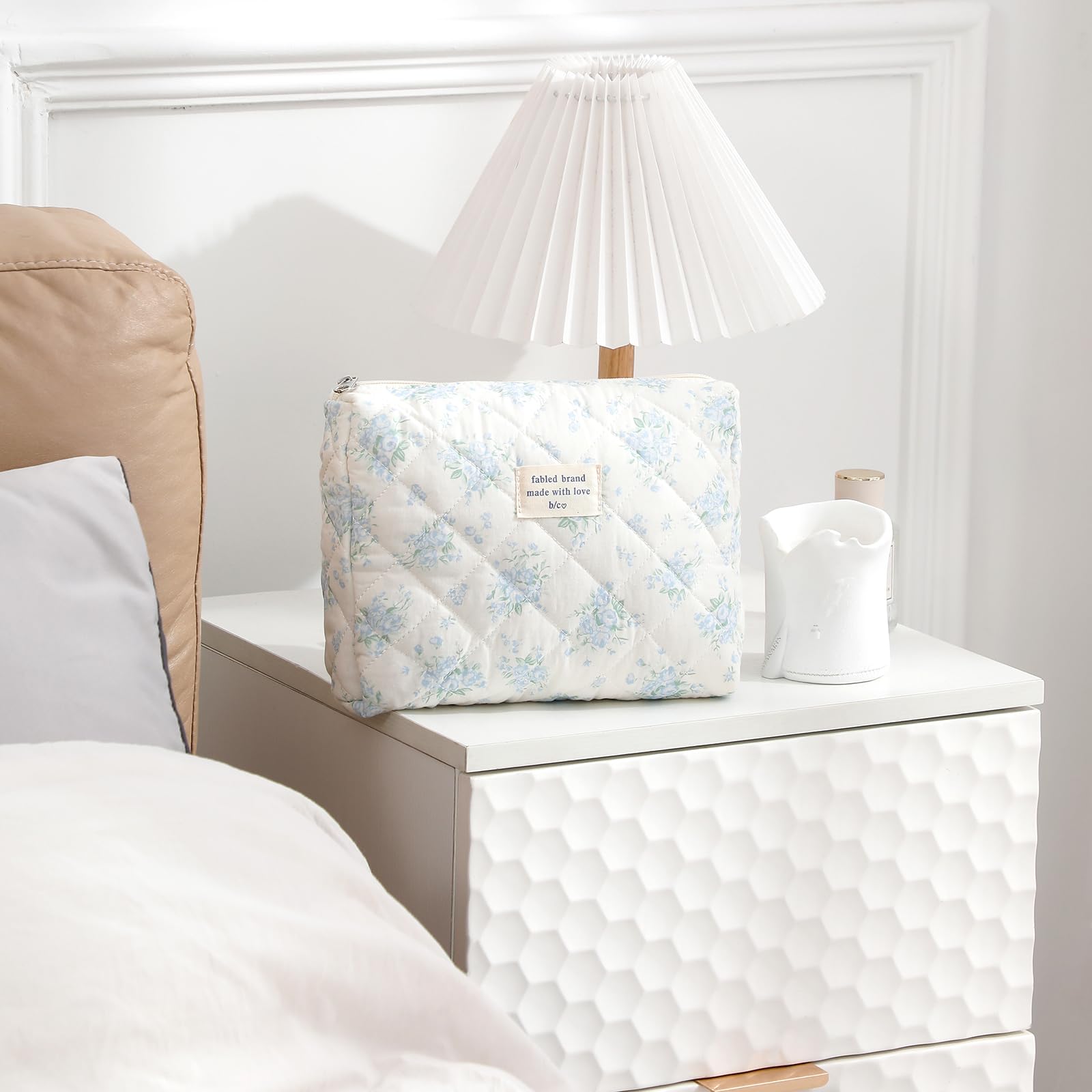 Quilted Cotton Makeup Bag 2PCS - Large Soft Floral Travel Cosmetic & Toiletry Organizer for Women & Girls (Blue Flower) | Perfect for Travel, Gym, and Daily Beauty Essentials Storage