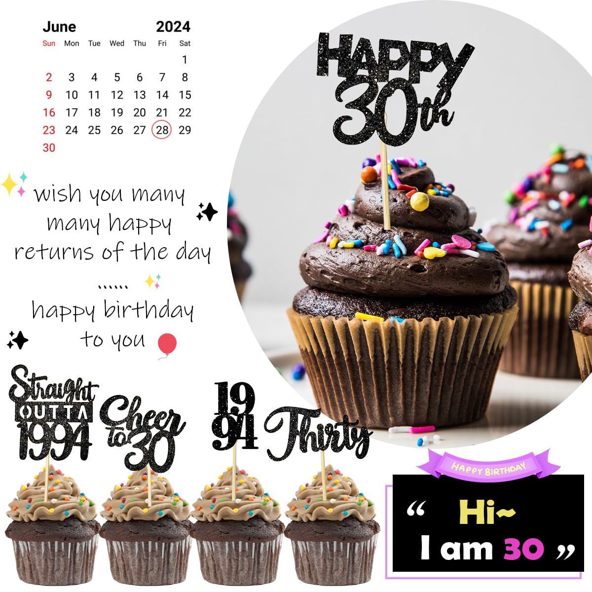 30PCS 30th Birthday Cupcake Toppers - Gold & Black Party Decorations for Men & Women - 1994 Themed 30th Birthday Party Supplies - Perfect for Anniversary Celebrations & Milestone Parties