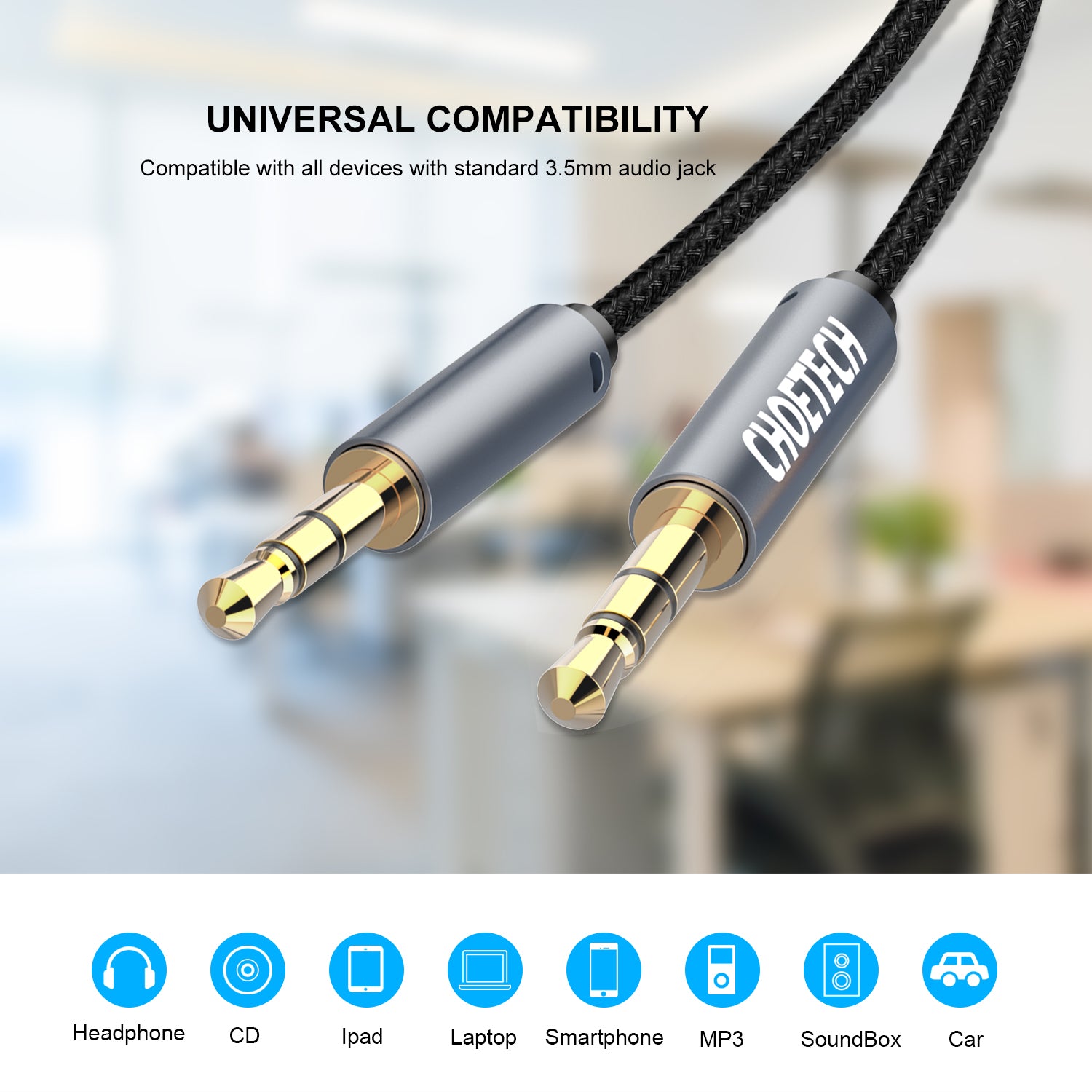 Choetech 3.5mm Male to Male Auxiliary Audio Cable - High Quality Stereo AUX Cord for Car, Home Stereo, Speakers & Headphones