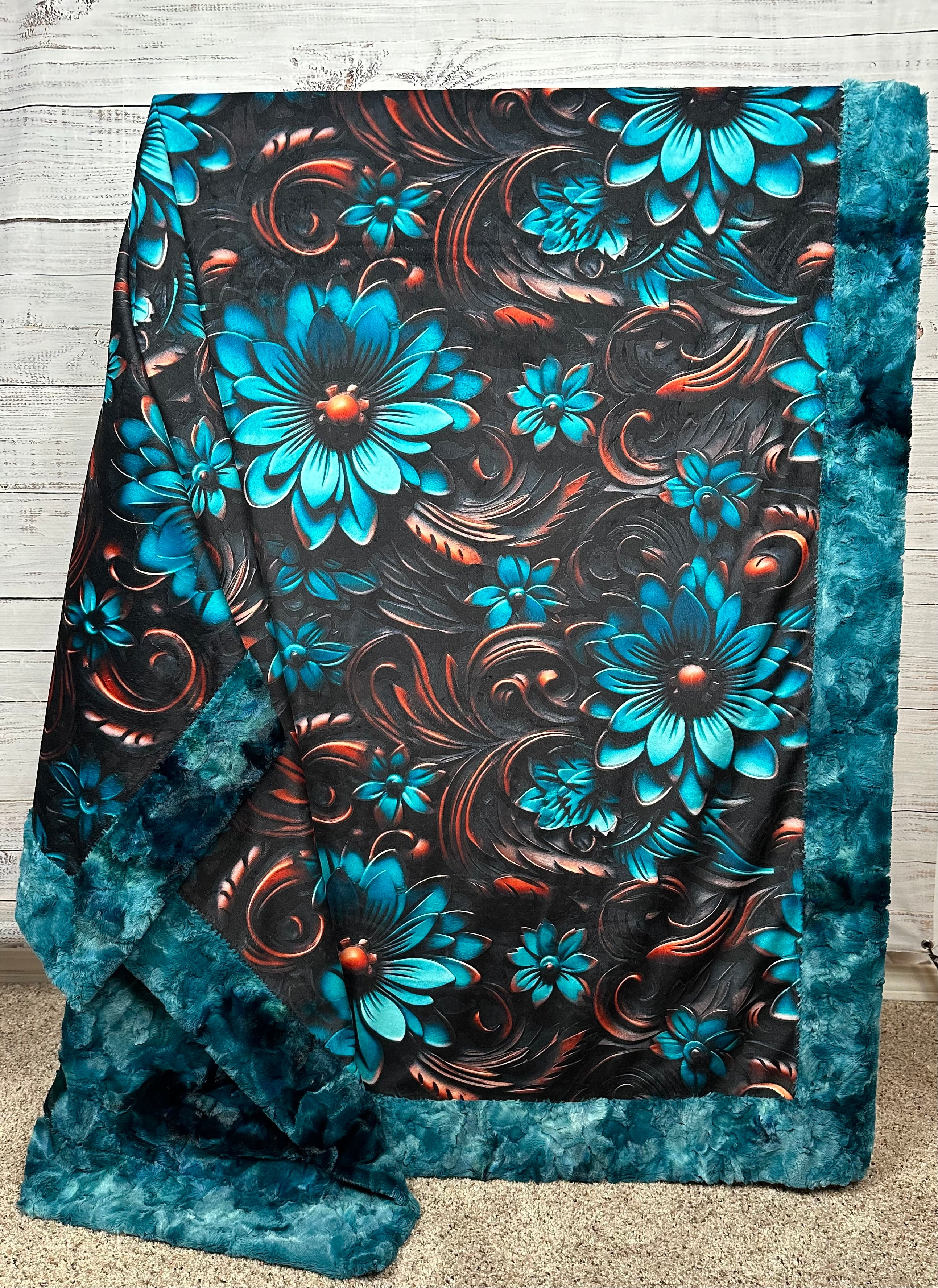 Hand-Tooled Leather Turquoise Floral Design Luxury Minky Blanket 55x79 Inches - Soft Large Throw Blanket for Bed, Sofa & Home Decor