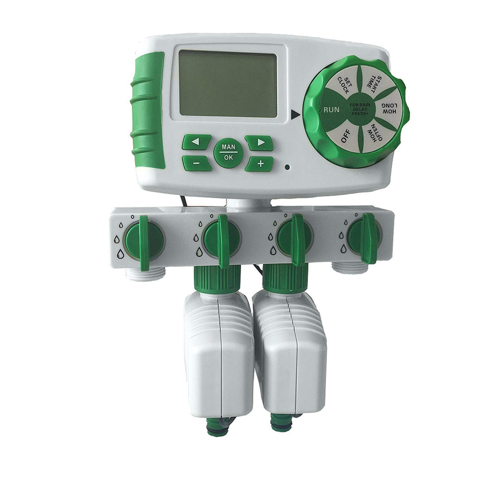 Guizhoujiufu 4-Zone Automatic Garden Irrigation System with Water Timer & 2 Solenoid Valves - Green & White | Perfect for Lawn, Flower Beds & Vegetable Gardens Watering