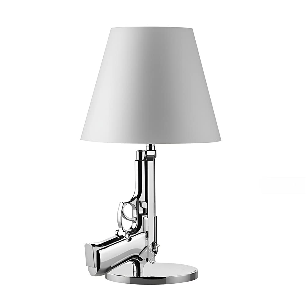 Creative Modern Pistol Table Lamp - Classic Resin Silver Handgun Desk Light for Office, Bedroom & Living Room Decor | Unique Home Lighting Gift for Men, Gun Enthusiasts | Perfect for Nightstands, Gaming Rooms & Man Caves