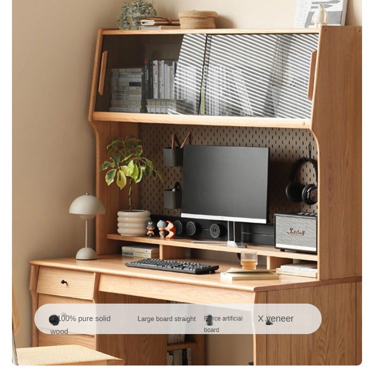 Solid Oak & Cherry Wood Desk Bookshelf with Warm LED Lighting - Perfect for Home Office, Study Room, and Library Organization