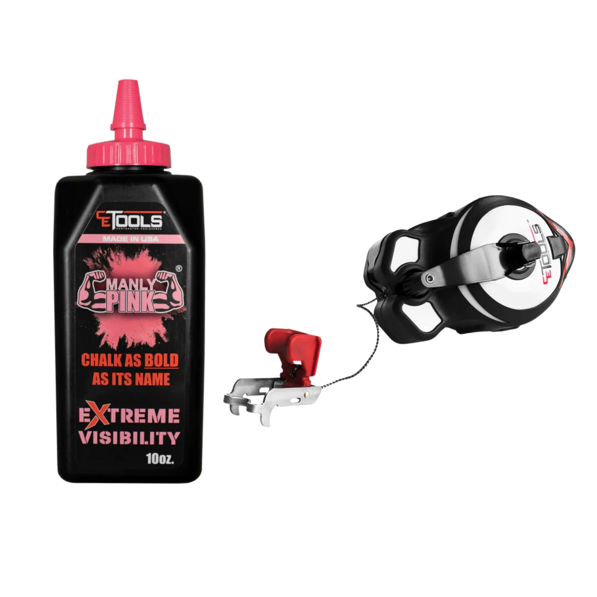 CE TOOLS SnapBack Chalk Line with Releasable Tip & High-Visibility Pink Chalk - Perfect for Construction, Carpentry, and DIY Home Improvement Projects