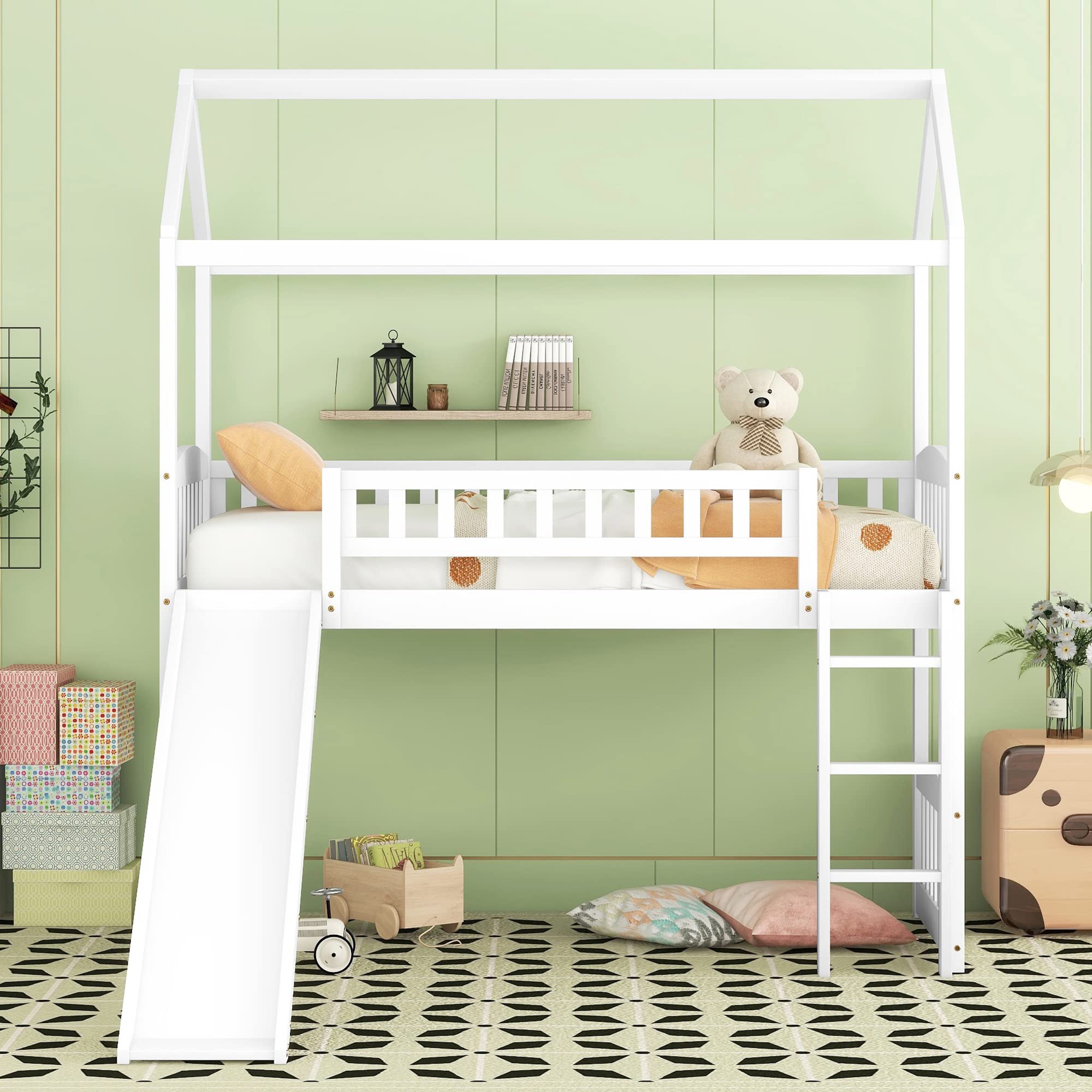 **White Wooden Twin Loft Bed with Slide & Ladder for Kids - Space-Saving House Loft Bed Frame for Boys & Girls Bedroom, No Box Spring Needed - Perfect for Small Rooms, Play Areas & Sleepovers**