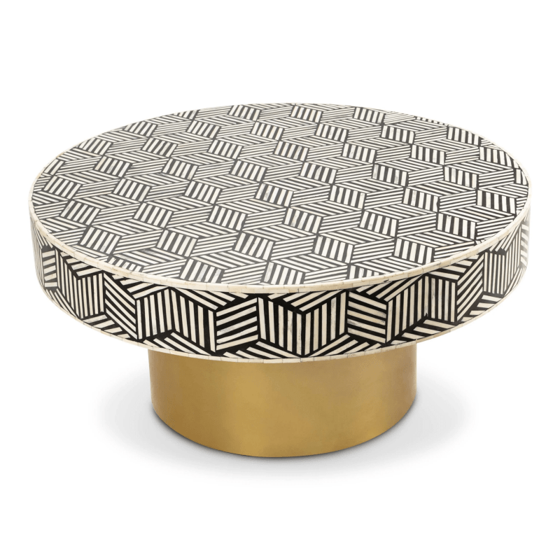 Handmade Bone Inlay Black and White Zig Zag Pattern Round Coffee Table with Brass Base - Perfect for Living Room, Lounge, or Office Decor