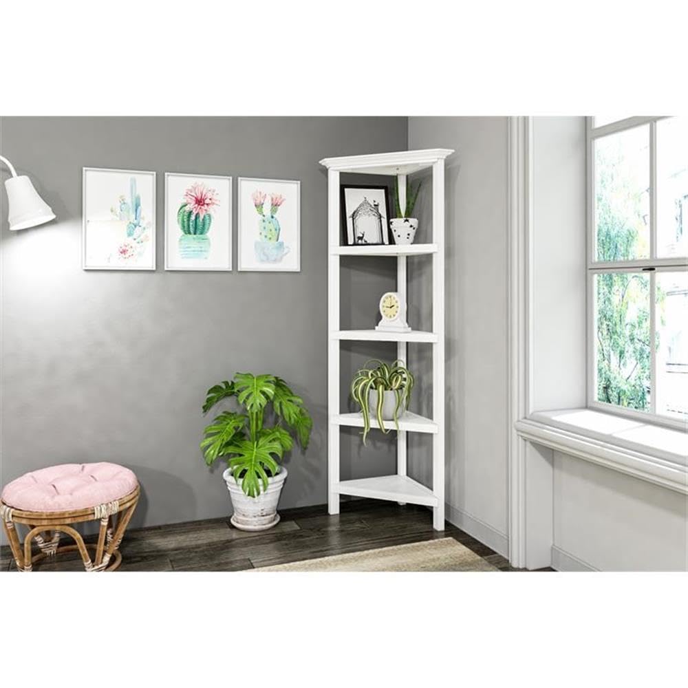 NewRidge Home 5-Tier Corner Bookshelf - White Wooden Bookcase for Living Room, Bedroom & Office - Space-Saving Storage Solution for Books, Decor & Essentials