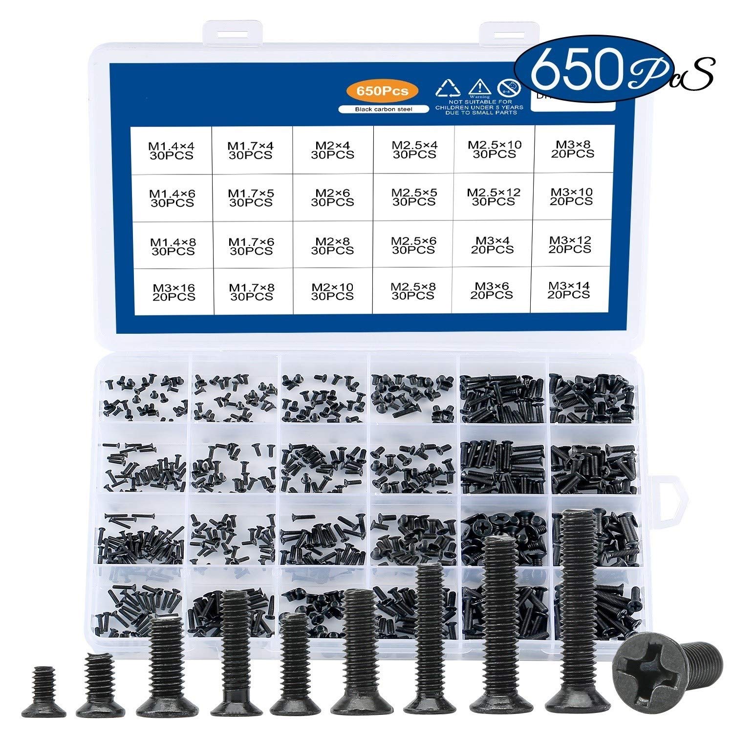 650pcs Carbon Steel Countersunk Flat Head Cross Mini Screw Set (M2 M2.5 M3) - Computer & Laptop Repair Kit for HP, Lenovo, Dell - Perfect for Notebook, PC & Electronics Maintenance