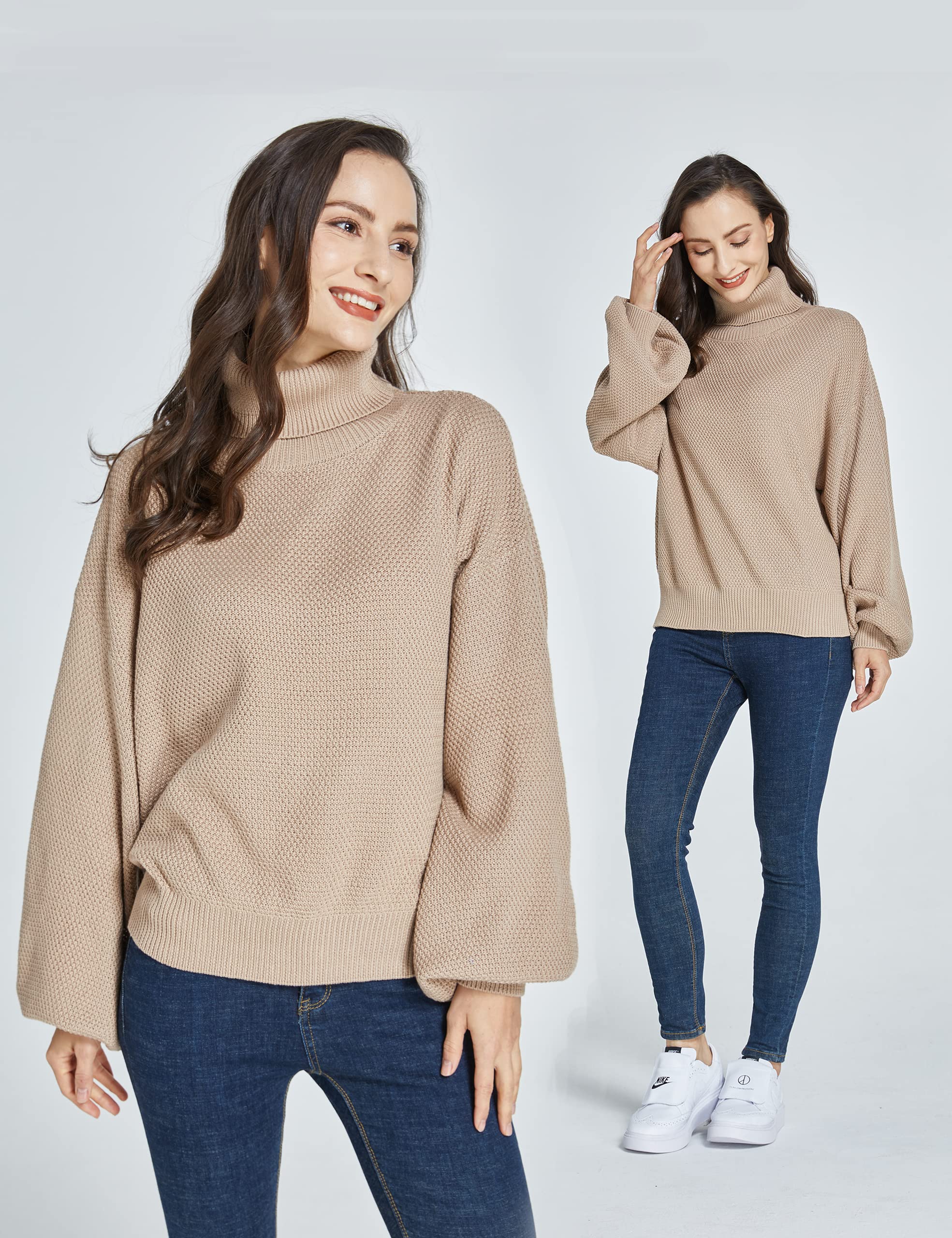 SSLR Women's Oversized Turtleneck Sweater - Drop Shoulder Pullover Knit Top with Long Lantern Sleeves | Casual Winter Wear for Cozy Outfits & Layering