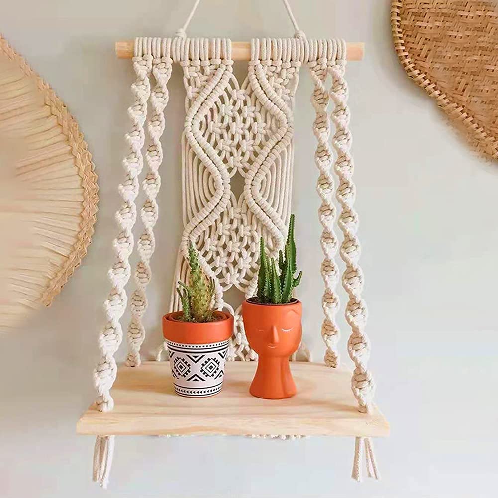 Handmade Macrame Wall Hanging Shelf - Boho Rope Plant Holder Basket for Indoor & Outdoor Decor - Perfect for Living Room, Bedroom, Balcony and Garden Plant Display