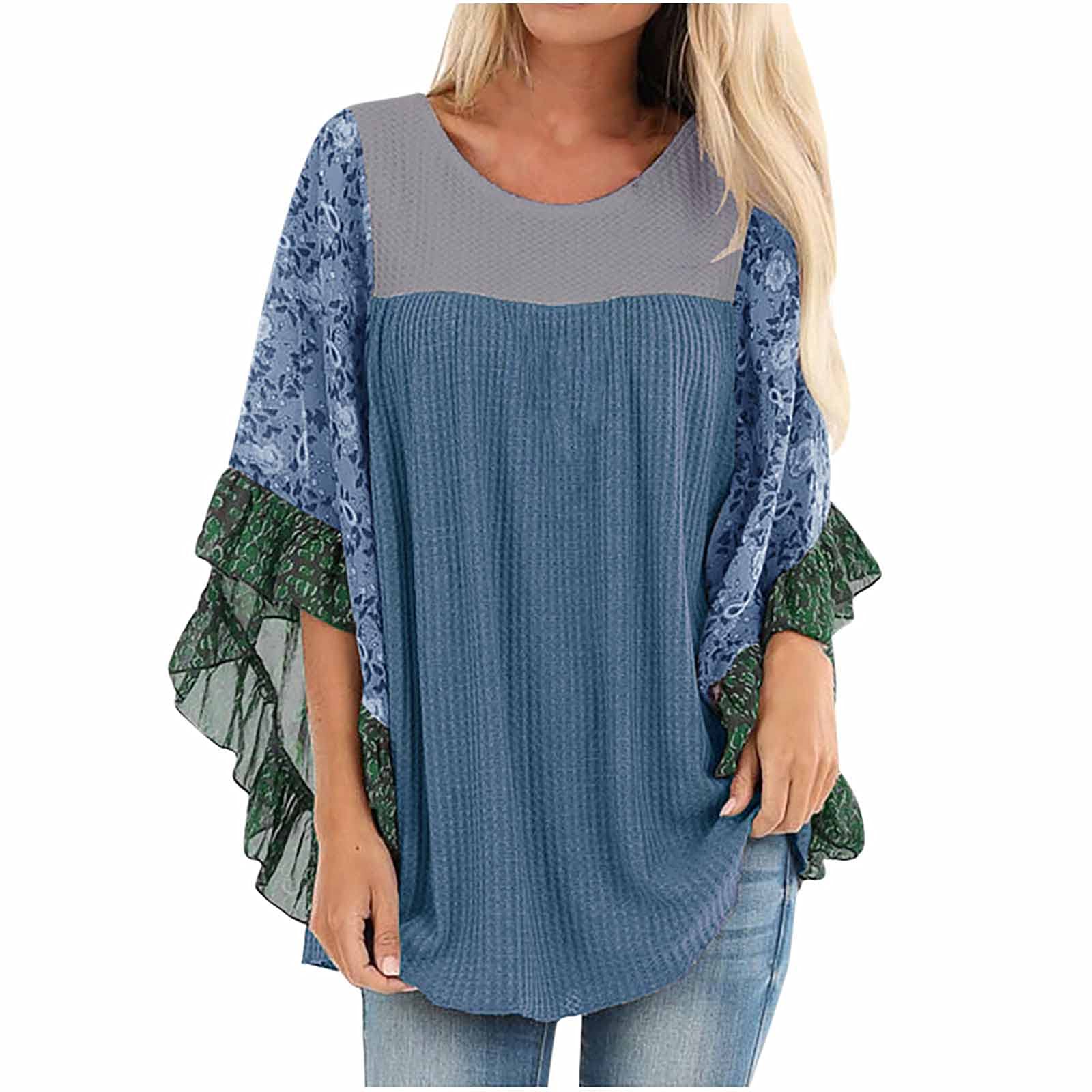 Women's Color Block Waffle Pullover Chiffon Blouse with Floral Print & Batwing Sleeves - Loose Tunic Shirt for Fall | Casual Wear, Office Outfits, Date Night Tops
