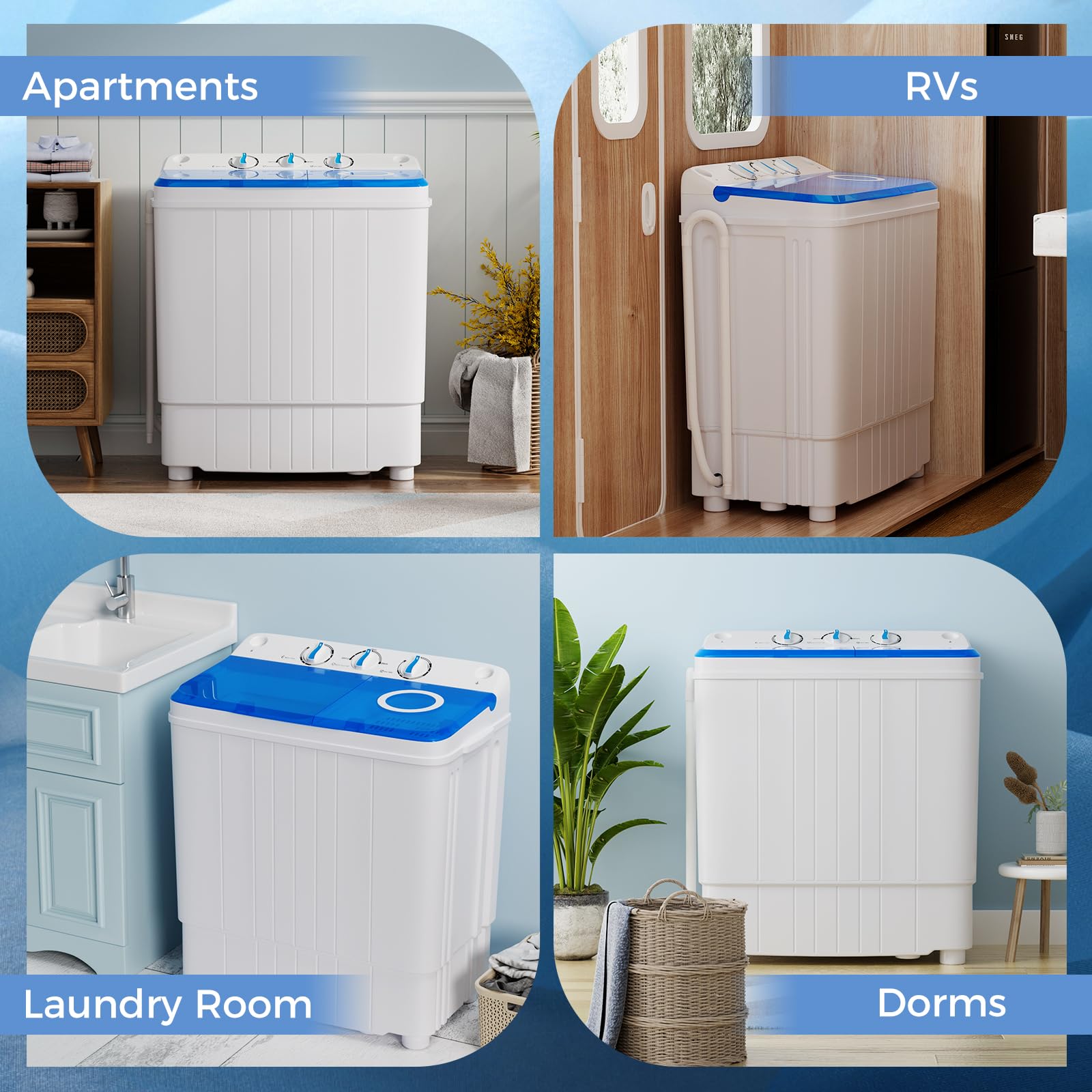 Giantex Portable Twin Tub Washing Machine 17.6lbs Compact Washer & Spinner Combo with Pump Drain - 11lbs Wash & 6.6lbs Spin Capacity - Ideal for Apartments, RVs, Dorms & College Students (White & Blue) - Perfect for Small Spaces & Travel Laundry Needs