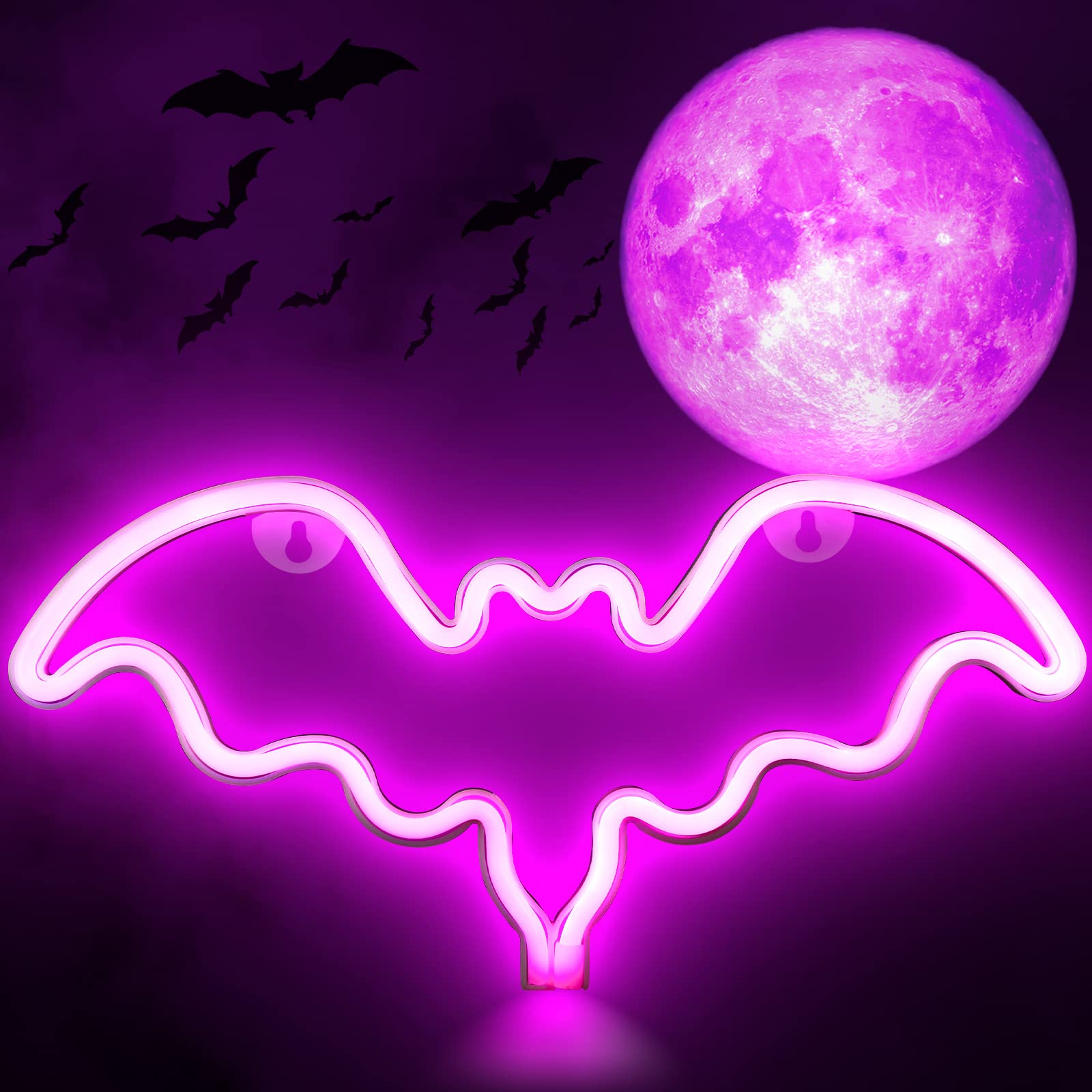 Halloween Neon Sign - LED Bat Wall Decor with Battery/USB Power for Halloween Party, Kids Gift, Living Room, Bedroom, Birthday, Wedding & Bar - Spooky Glow for Home & Event Decorations