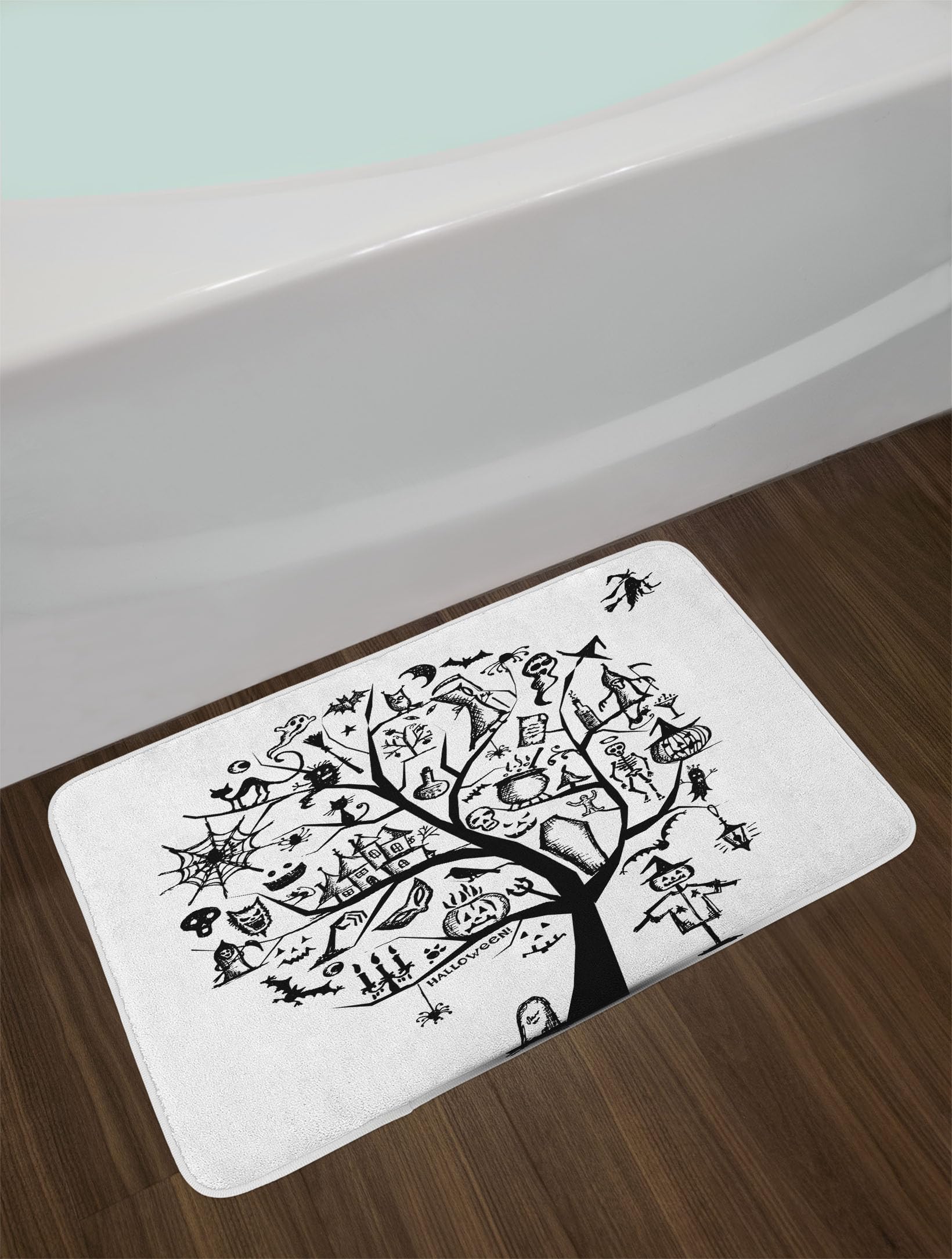 Ambesonne Halloween Bath Mat - Spooky Tree & Witch Broom Design, Non-Slip Plush Bathroom Rug, 30.2 x 20 Inches, Black & White - Perfect for Halloween Decor, Witch-Themed Bathrooms & Spooky Home Accessories