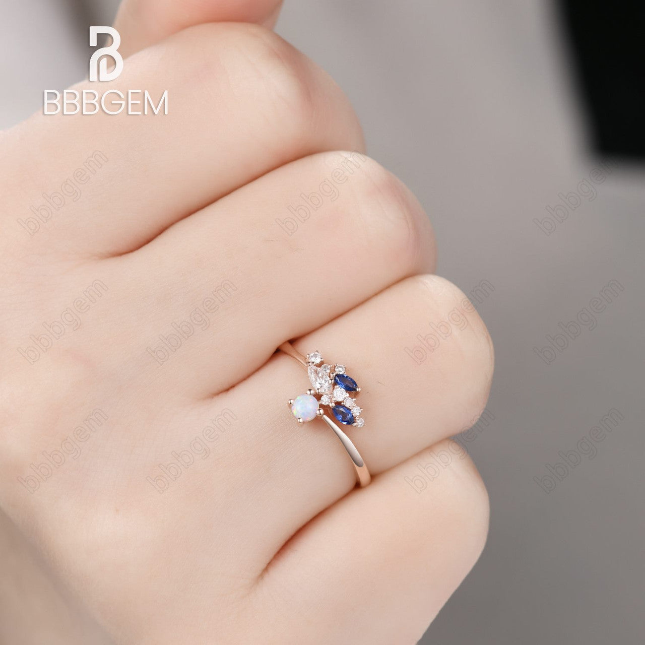 Exquisite Curved Opal Sapphire Diamond Engagement Ring in Rose Gold - Perfect for Proposals, Anniversaries & Romantic Occasions