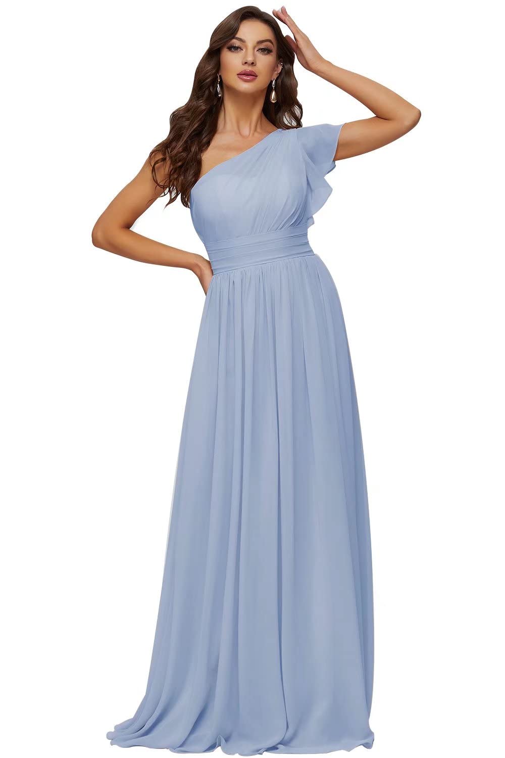 Elegant UZN Women's One Shoulder Bridesmaid Dress with Long Ruffle Sleeves - Flowy Chiffon Pleated Wedding Guest Gown for Formal Events, Parties & Special Occasions