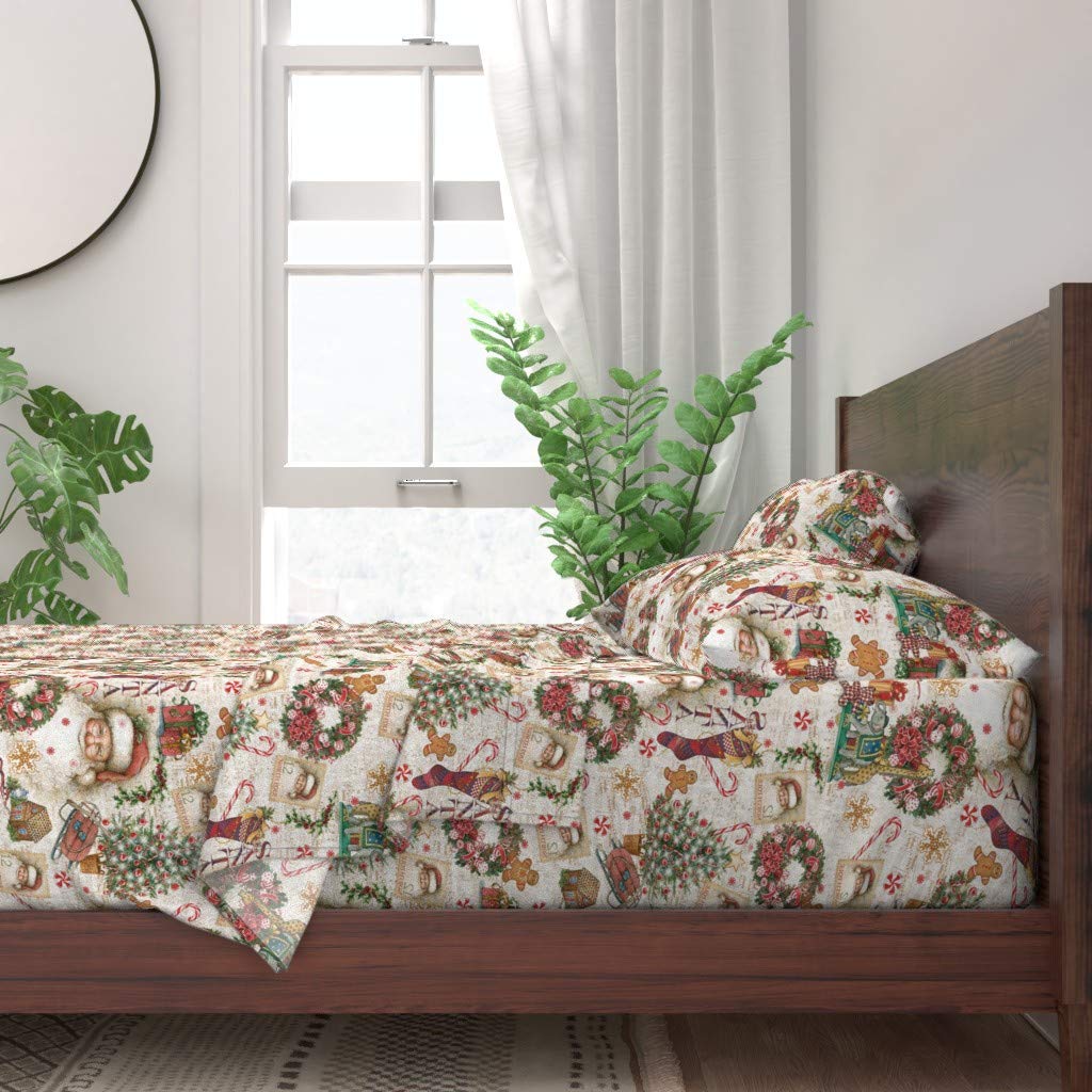100% Cotton King Size 4-Piece Sheet Set - Vintage Christmas Holiday Print with Gingerbread, Santa, Wreath & Candy Cane Designs | Soft Breathable Bedding for Cozy Winter Nights & Festive Home Decor