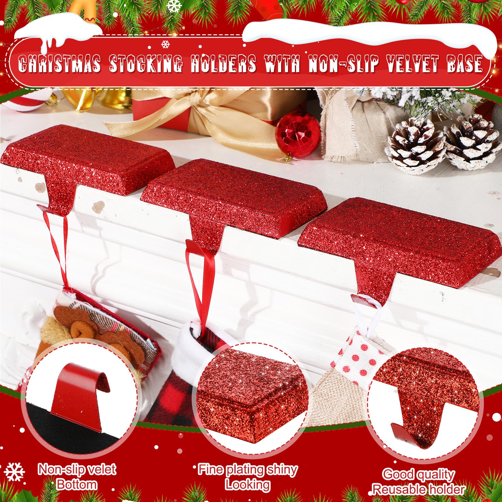 Shiny Christmas Stocking Holders - 6 Pack Red Glitter Mantel Hangers for Fireplace, Window & Table Decor - Holiday Stocking Hooks for Xmas Tree, Gifts & Home Decoration Supplies