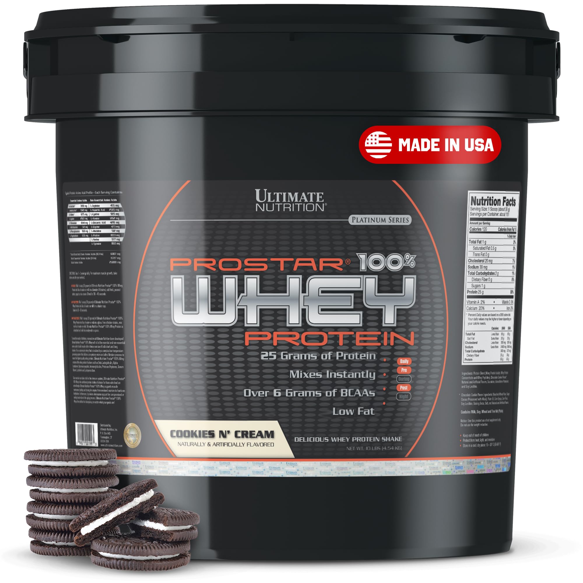 Ultimate Nutrition Prostar Whey Protein Isolate Powder - Cookies & Cream Flavor - 10 lbs Bucket | Low Carb, High Protein, Keto Friendly | Muscle Building & Recovery Supplement for Athletes | Post-Workout Shake for Gym & Fitness Enthusiasts
