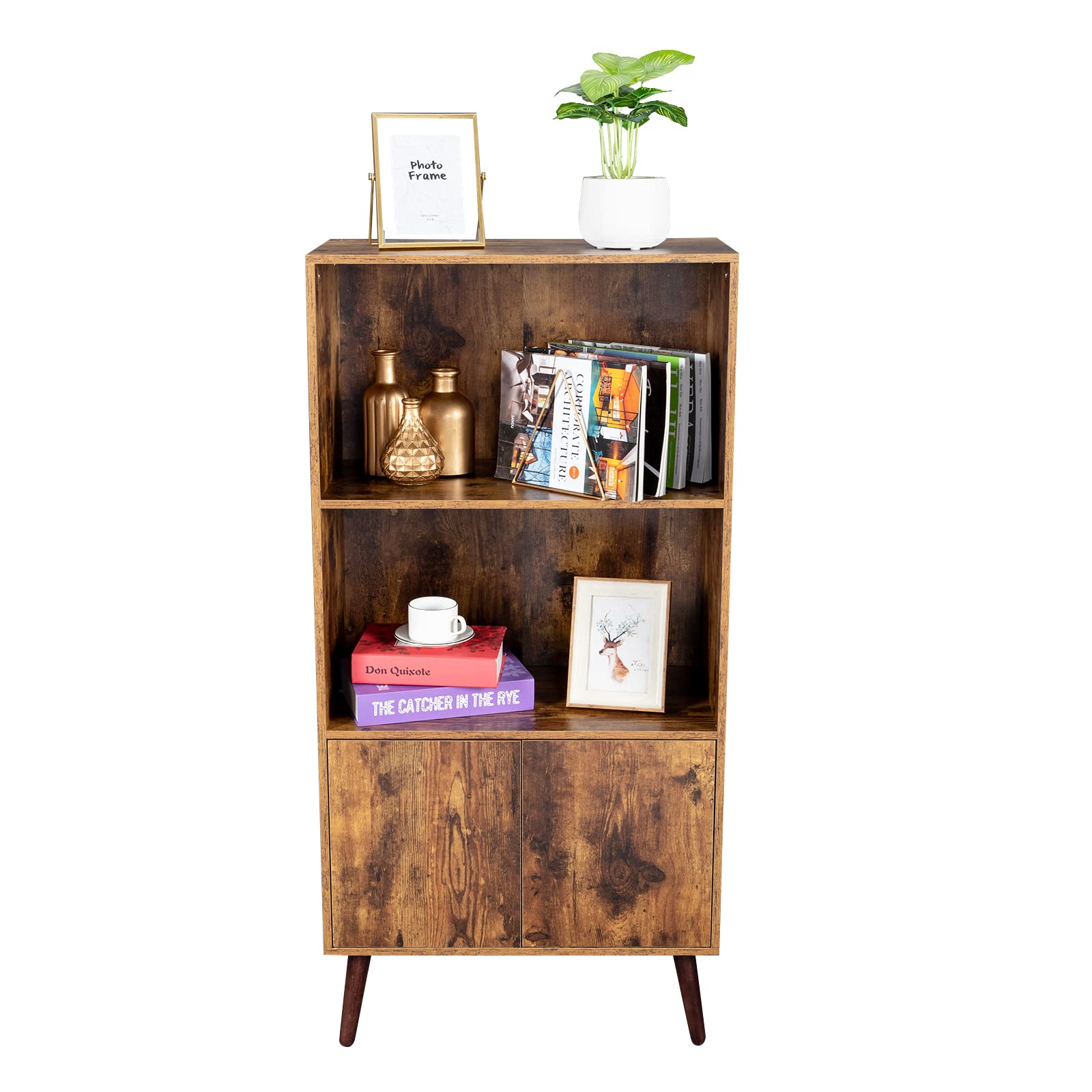 Vintage 2-Tier Bookcase with Doors - Wooden Storage Cabinet for Books, Photos & Home Decor - Perfect for Living Room, Office or Library Organization