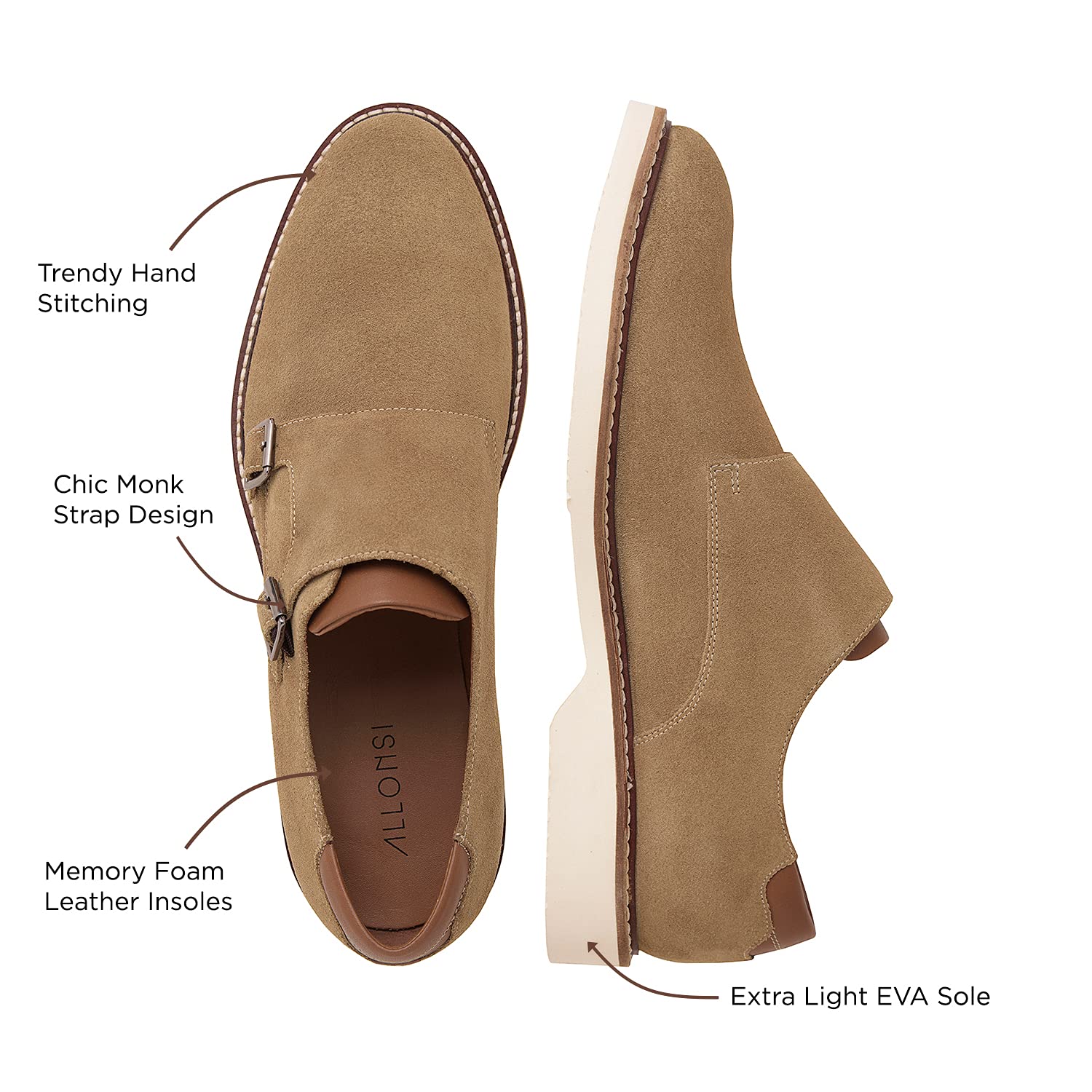Premium Genuine Leather & Suede Men's Monk Strap Dress Shoes - Handcrafted Luxury Formal & Casual Shoes with Lightweight EVA Sole - Perfect for Office, Weddings & Business Events