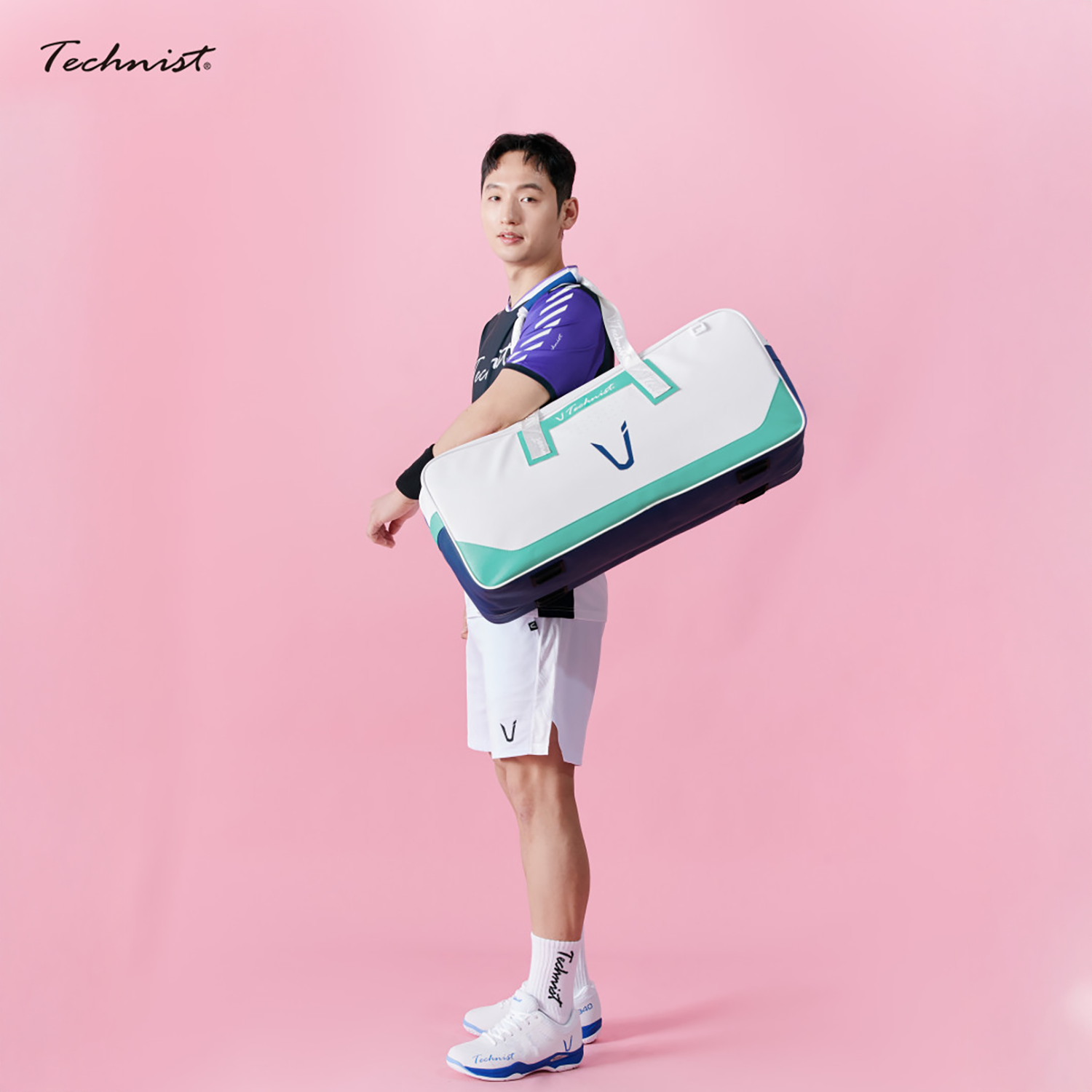 Technist TNB54119 Tennis Racket Bag - Durable Sports Racquet Holder for Tennis, Badminton, Squash - Lightweight & Water-Resistant (White/Navy/Green) - Perfect for Court, Gym & Travel