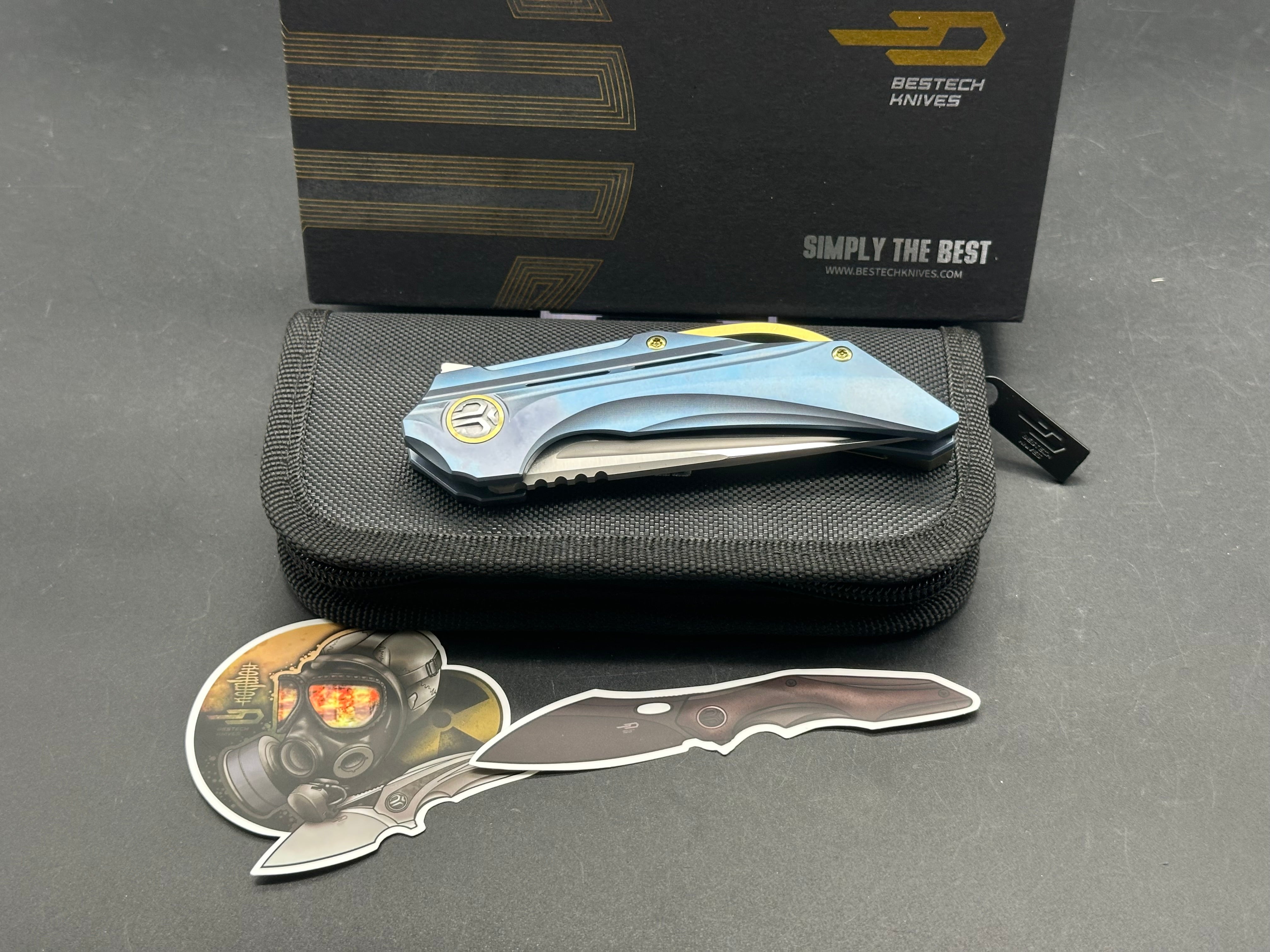 Bestech Kombou Vigil Folding Knife - Blue Titanium Handle, Gold Hardware, M390 Steel Blade, Drop Point, Satin Polish | EDC, Outdoor Survival, Camping, Hunting Gear