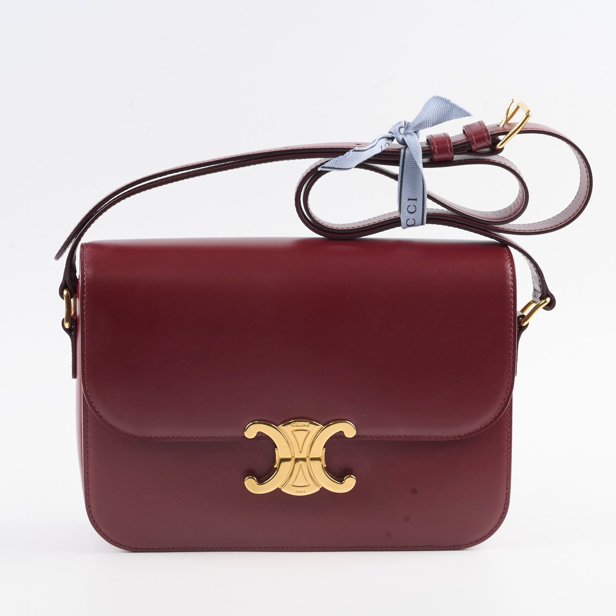 Celine Medium Triomphe Handbag in Shiny Burgundy Calfskin Leather - Perfect for Work, Travel & Evening Events